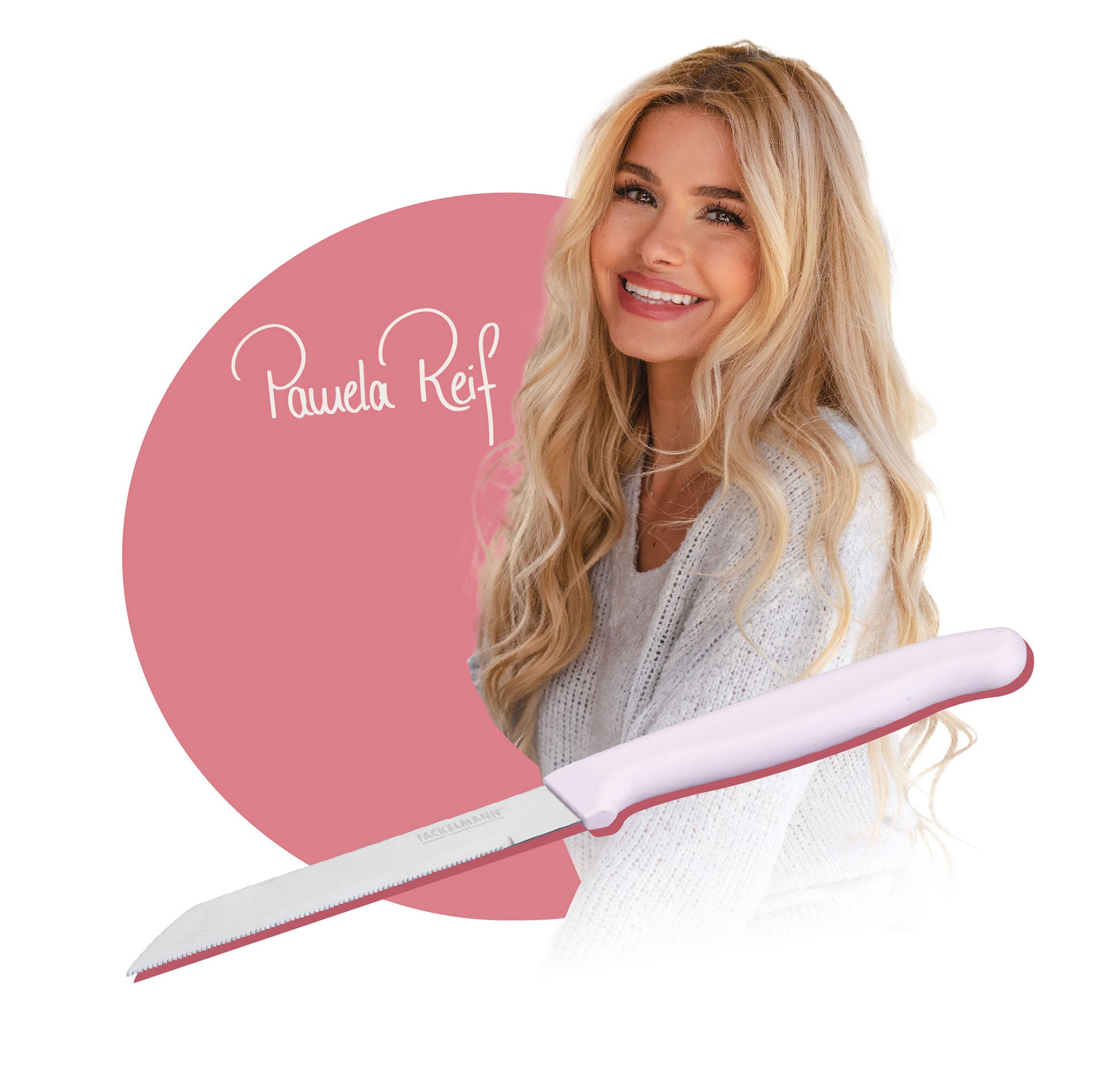 Detalj av bladet på Grønnsakskniv rosa 12 cm sagtannet egg - Fackelmann x Pamela Reif