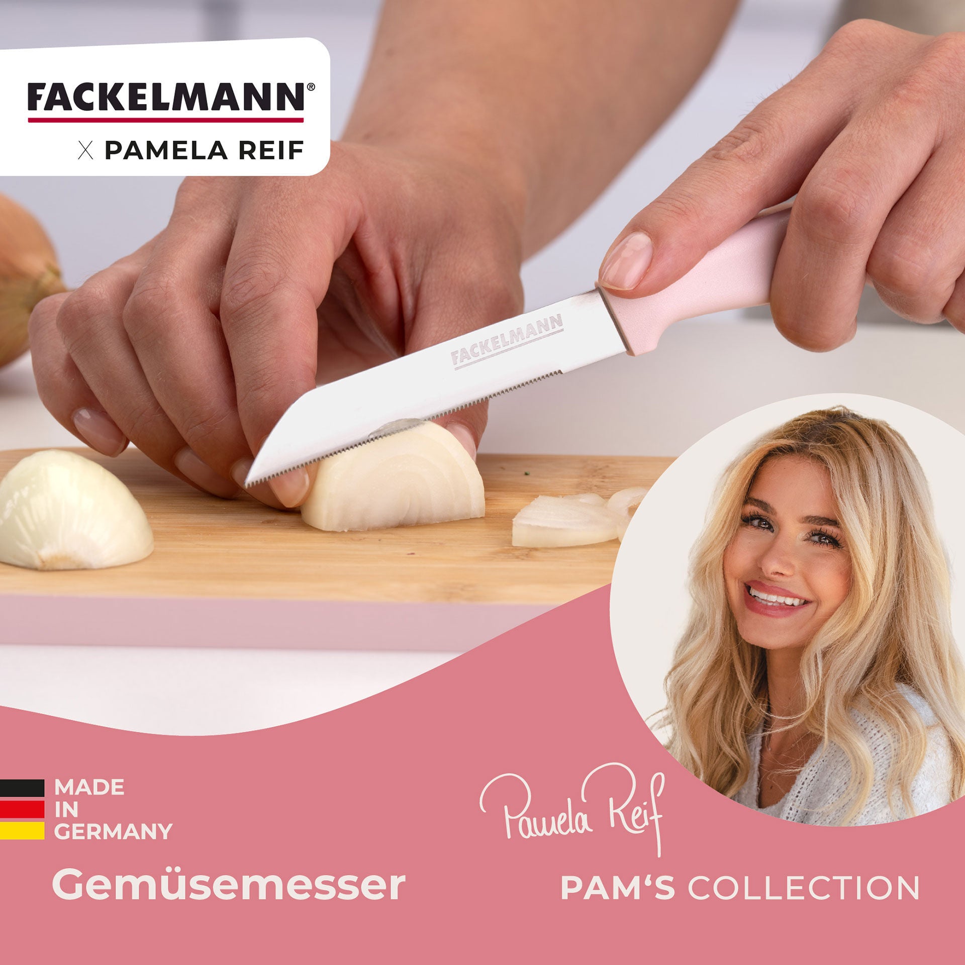 Grønnsakskniv rosa 12 cm sagtannet egg - Fackelmann x Pamela Reif montert på skjærefjøl