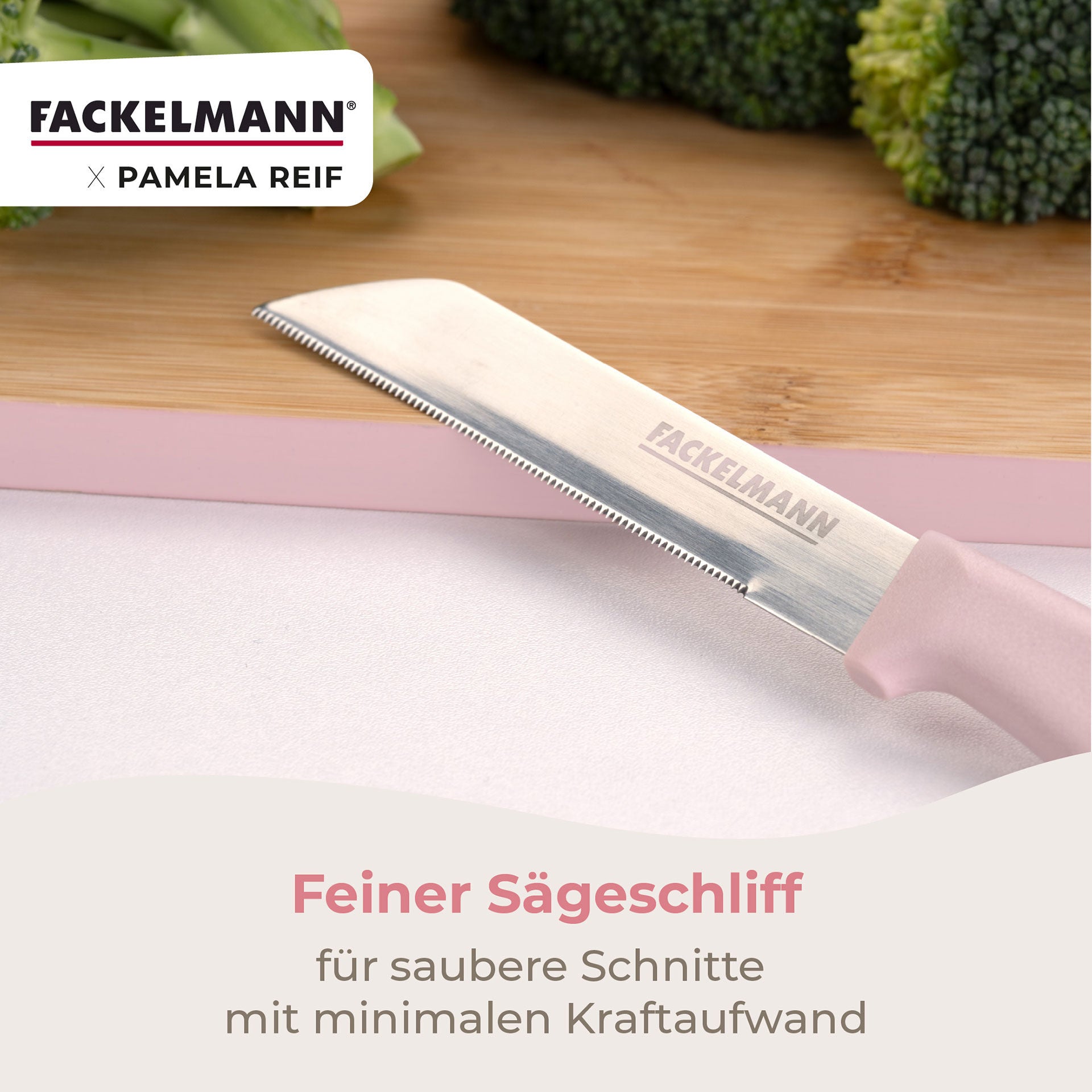 Grønnsakskniv rosa 12 cm sagtannet egg - Fackelmann x Pamela Reif i bruk på grønnsaker