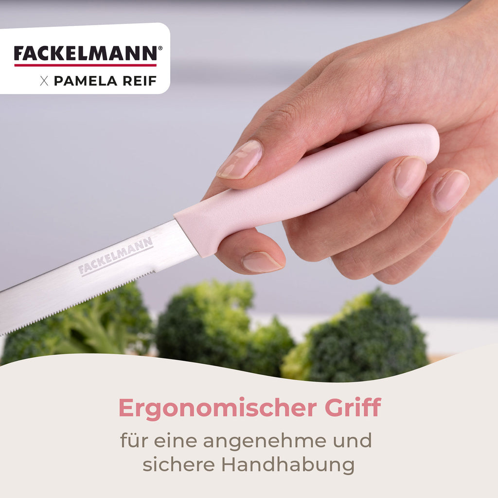 Grønnsakskniv rosa 12 cm sagtannet egg - Fackelmann x Pamela Reif sett fra siden