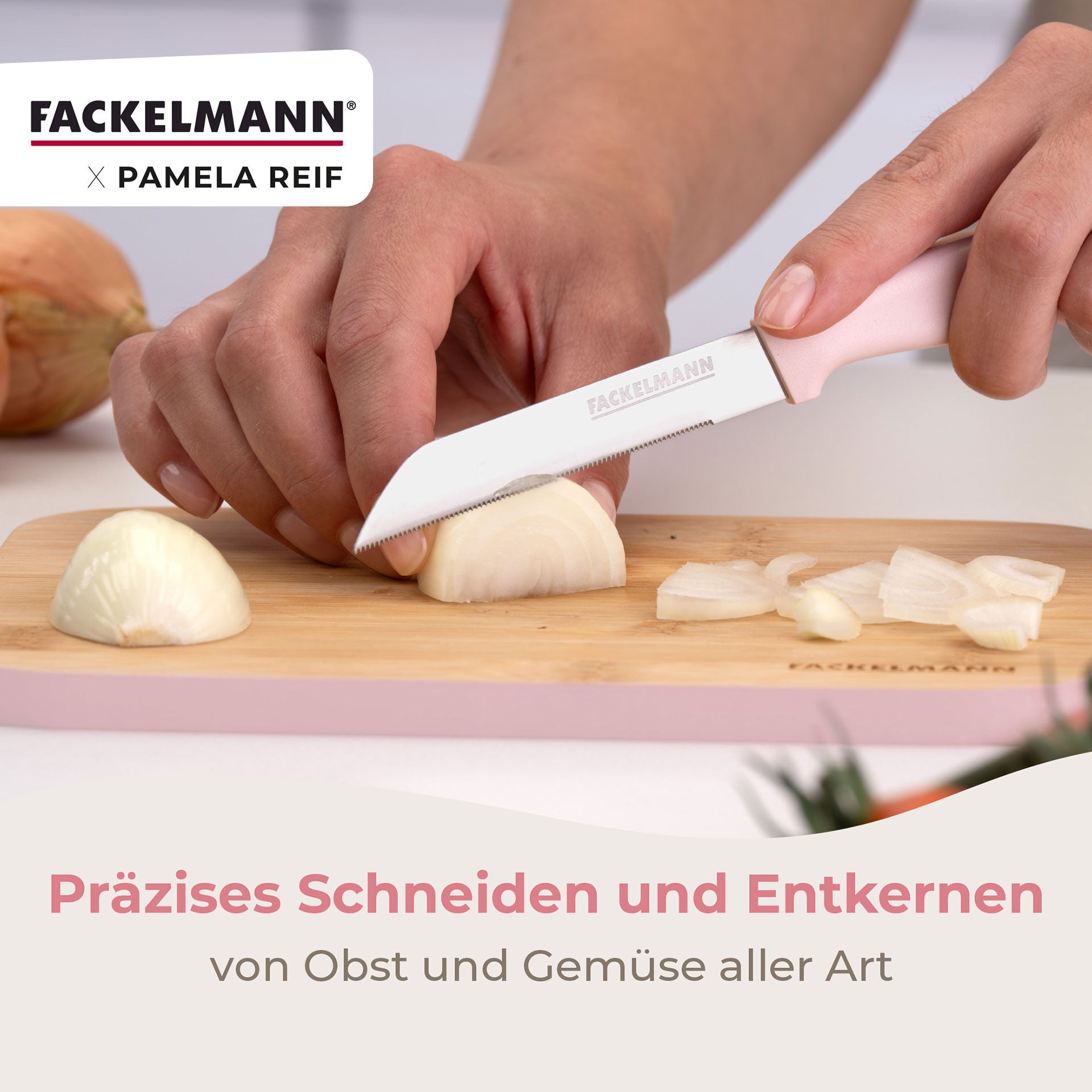 Grønnsakskniv rosa 12 cm sagtannet egg - Fackelmann x Pamela Reif detalj av skaftet