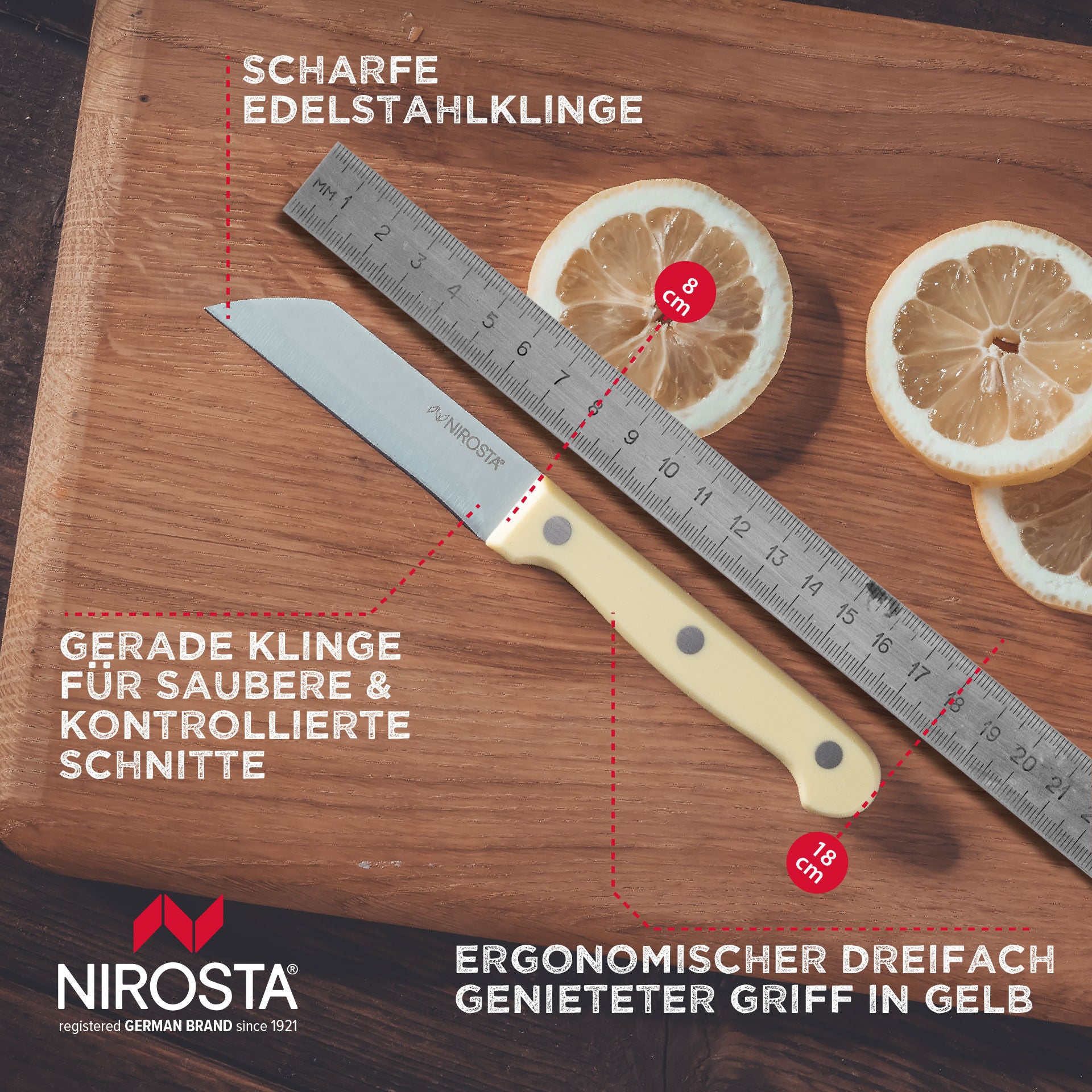 Montert Grønnsakskniv Trio 8 cm rustfritt stål gul på skjærefjøl