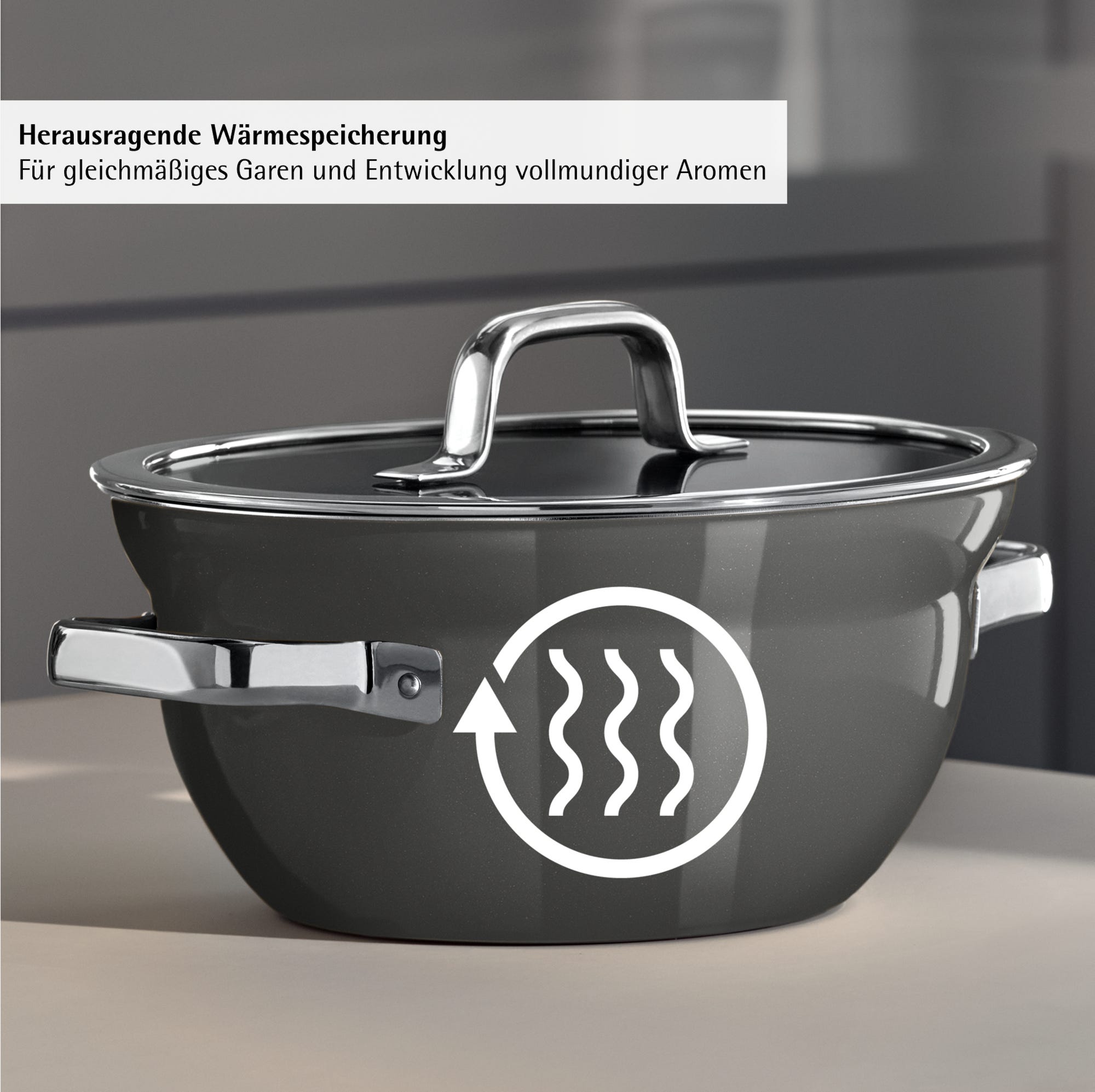 Gryte med lokk 20 cm 2,3 L Fusiontec Mineral Pro Platinum montert på kokeplate