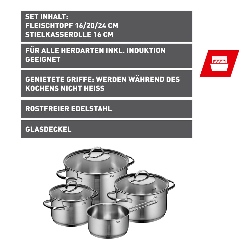 Oversikt over alle deler i Grytesett 4-delt Achat rustfritt stål induksjon med glasslokk