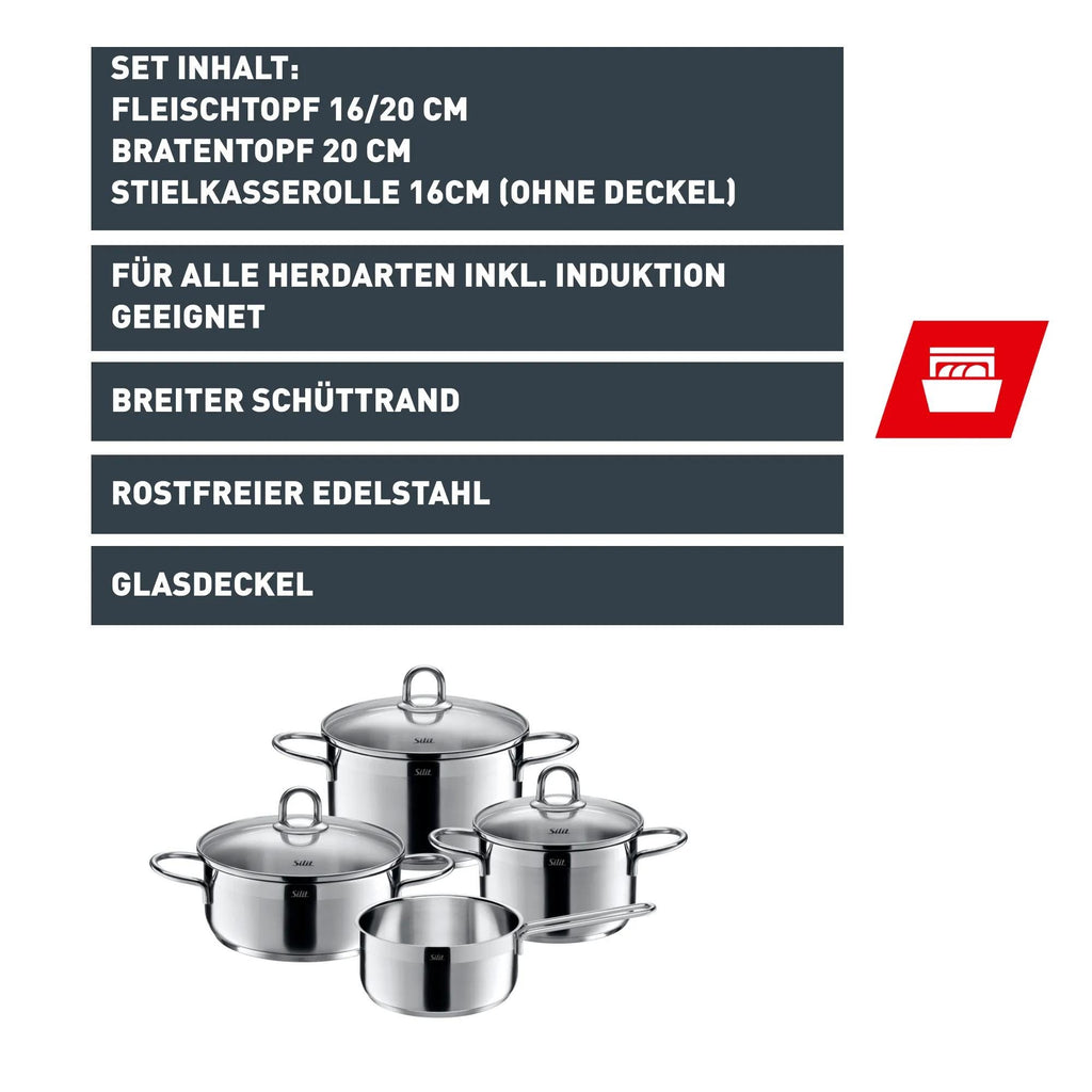 Oversikt av alle deler i Grytesett 4-delt Diamant rustfritt stål induksjon glasslokk