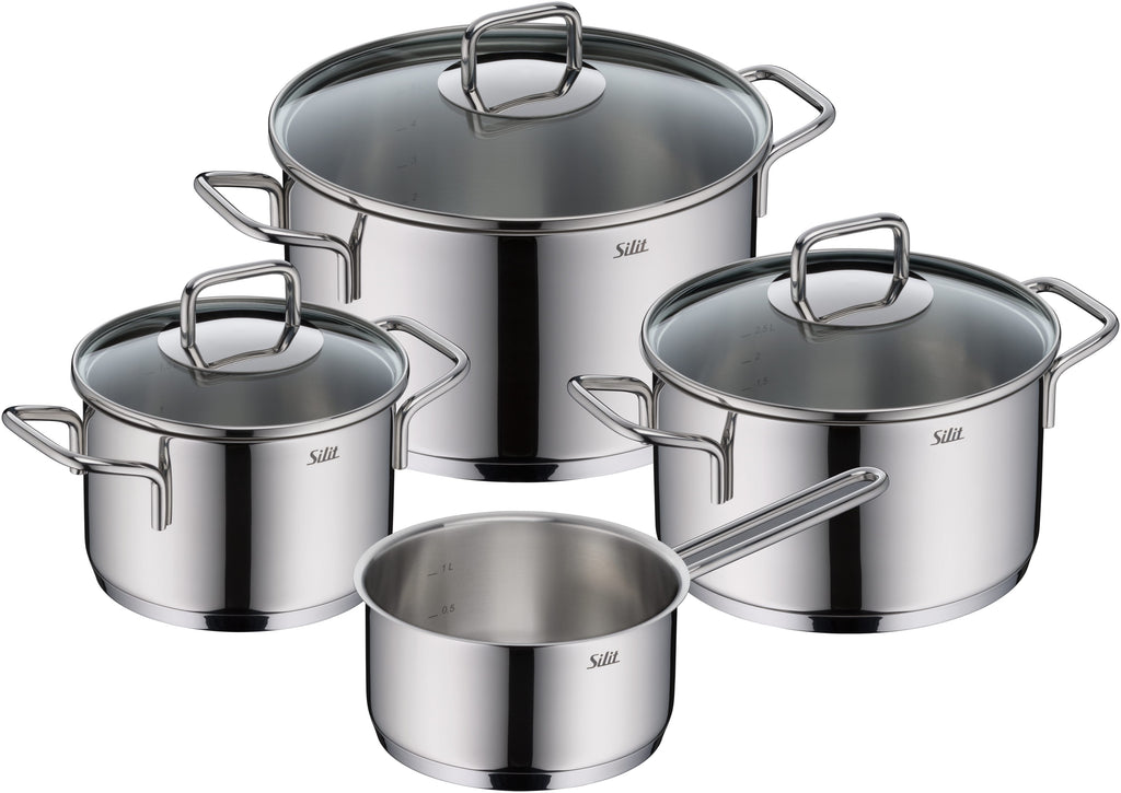Grytesett 4-delt Extra Cook rustfritt stål induksjon glasslokk forfra