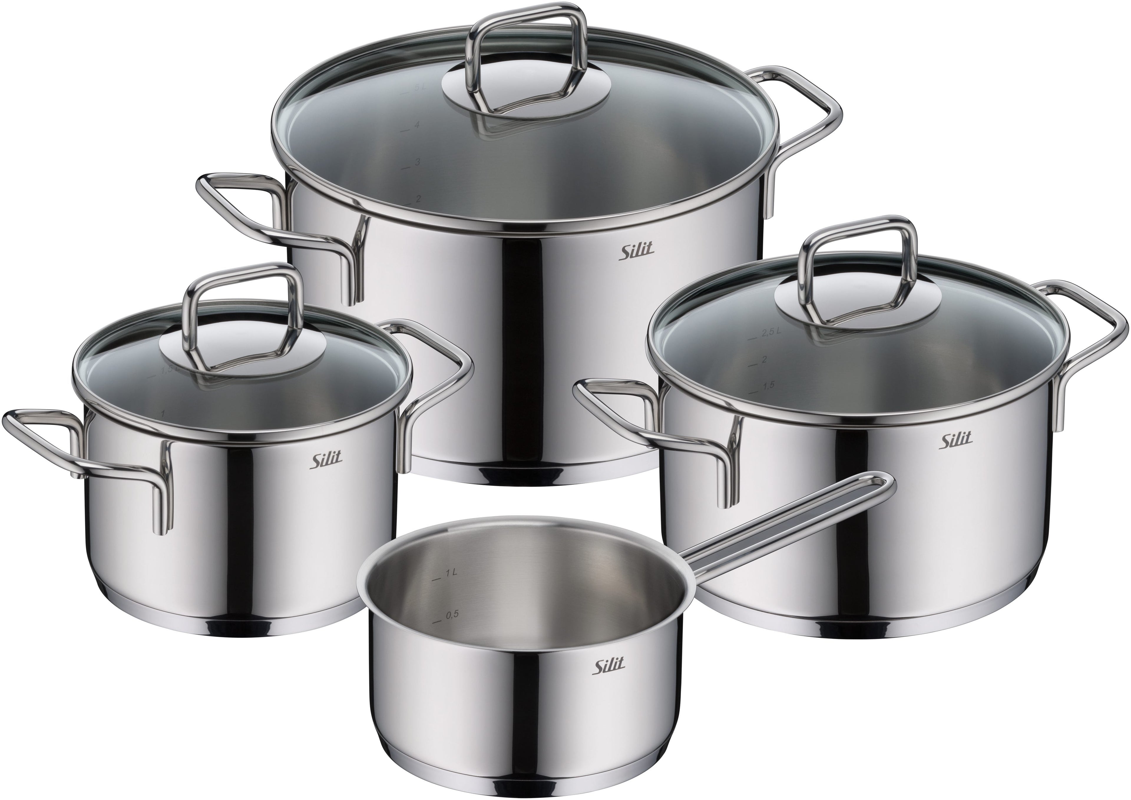 Grytesett 4-delt Extra Cook rustfritt stål induksjon glasslokk forfra