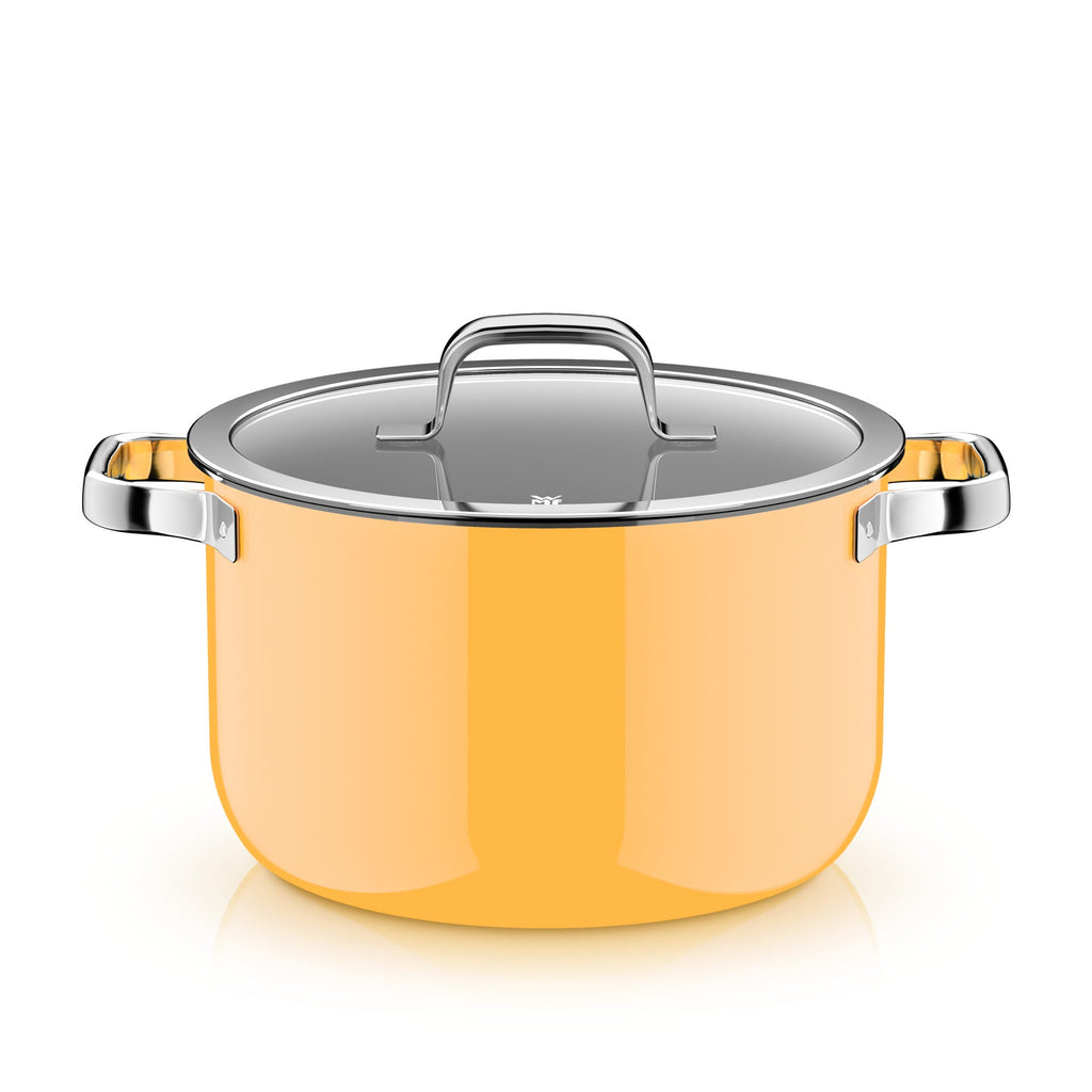 Nærbilde av lokk på Grytesett 4-delt Fusiontec Mineral Pro mango yellow induksjon - WMF