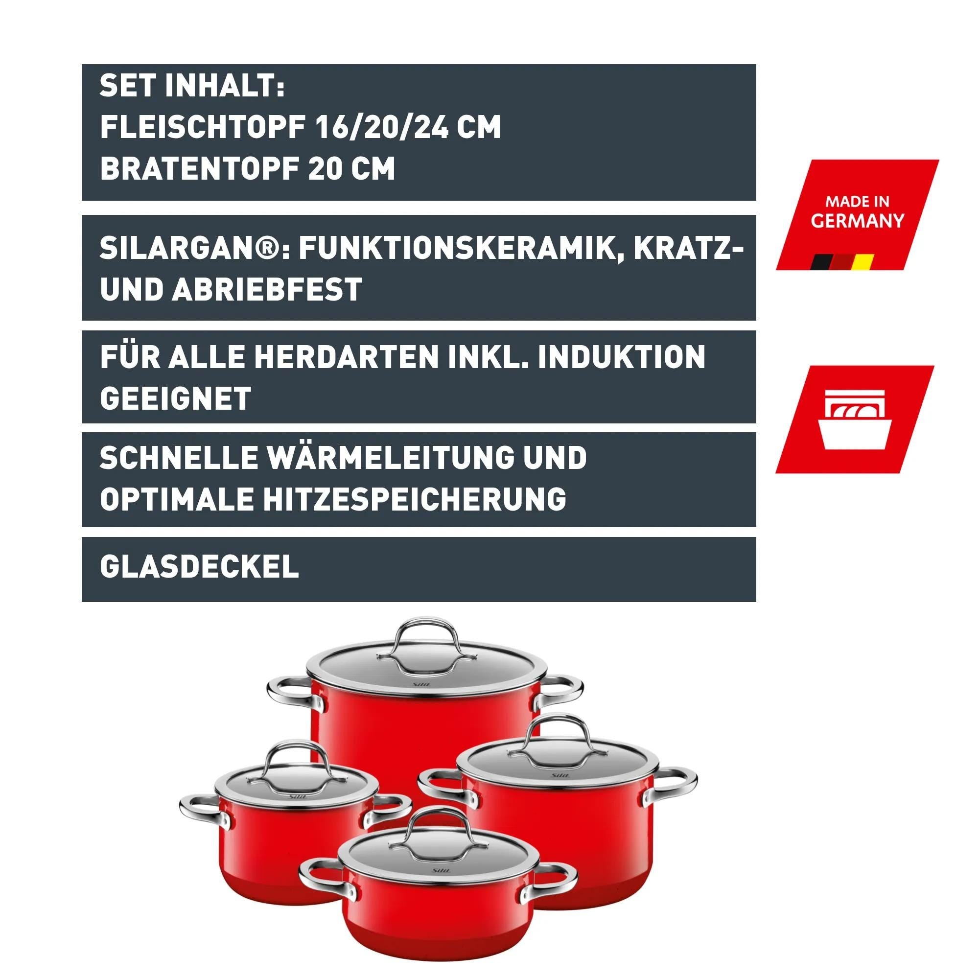 Grytesett 4-delt Silargan® Passion rød induksjon visning fra toppen
