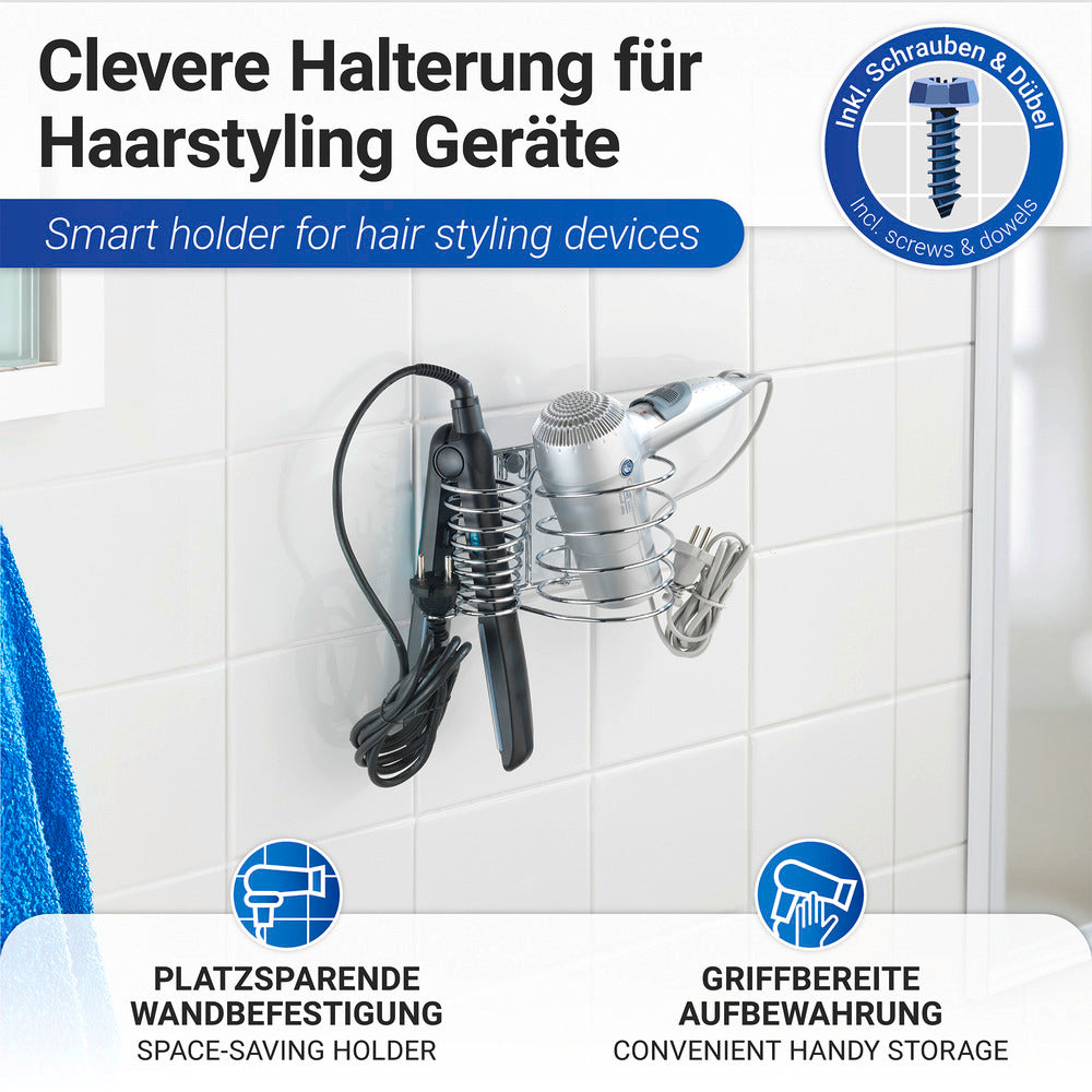 Baksiden av Hårføner- og rettetangholder Milano krom med kabelholder - WENKO
