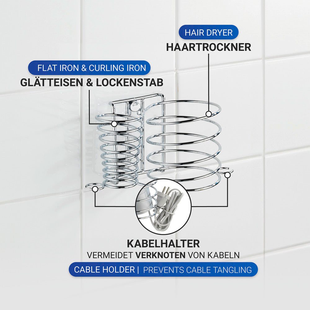Detalj av metall og krom på Hårføner- og rettetangholder Milano krom med kabelholder - WENKO