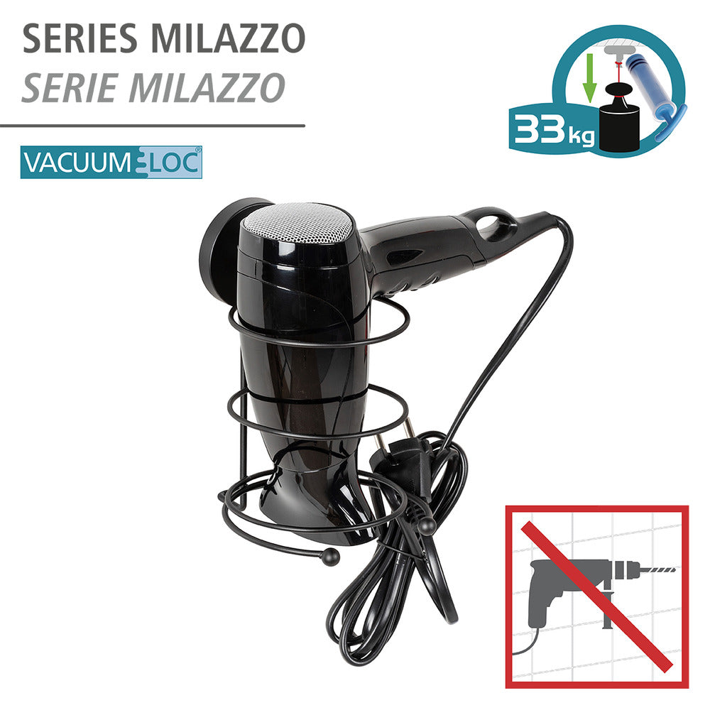 Hårfønereholder Milazzo svart Vacuum-Loc® bakside