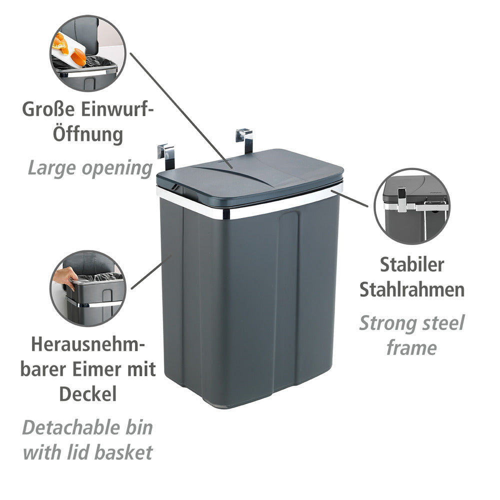 Hengende søppelbøtte 12 L grå plast for skapdør bakside