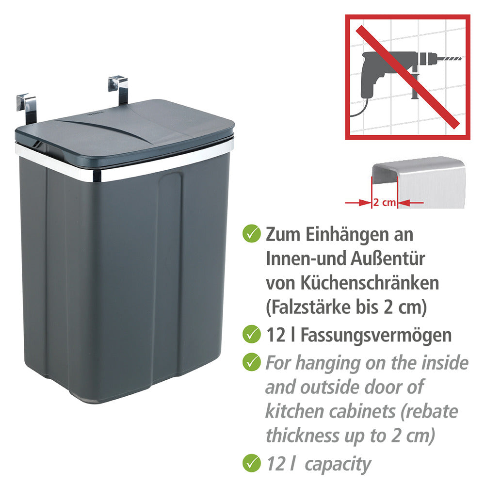 Detalj av hengende søppelbøtte 12 L grå plast for skapdør