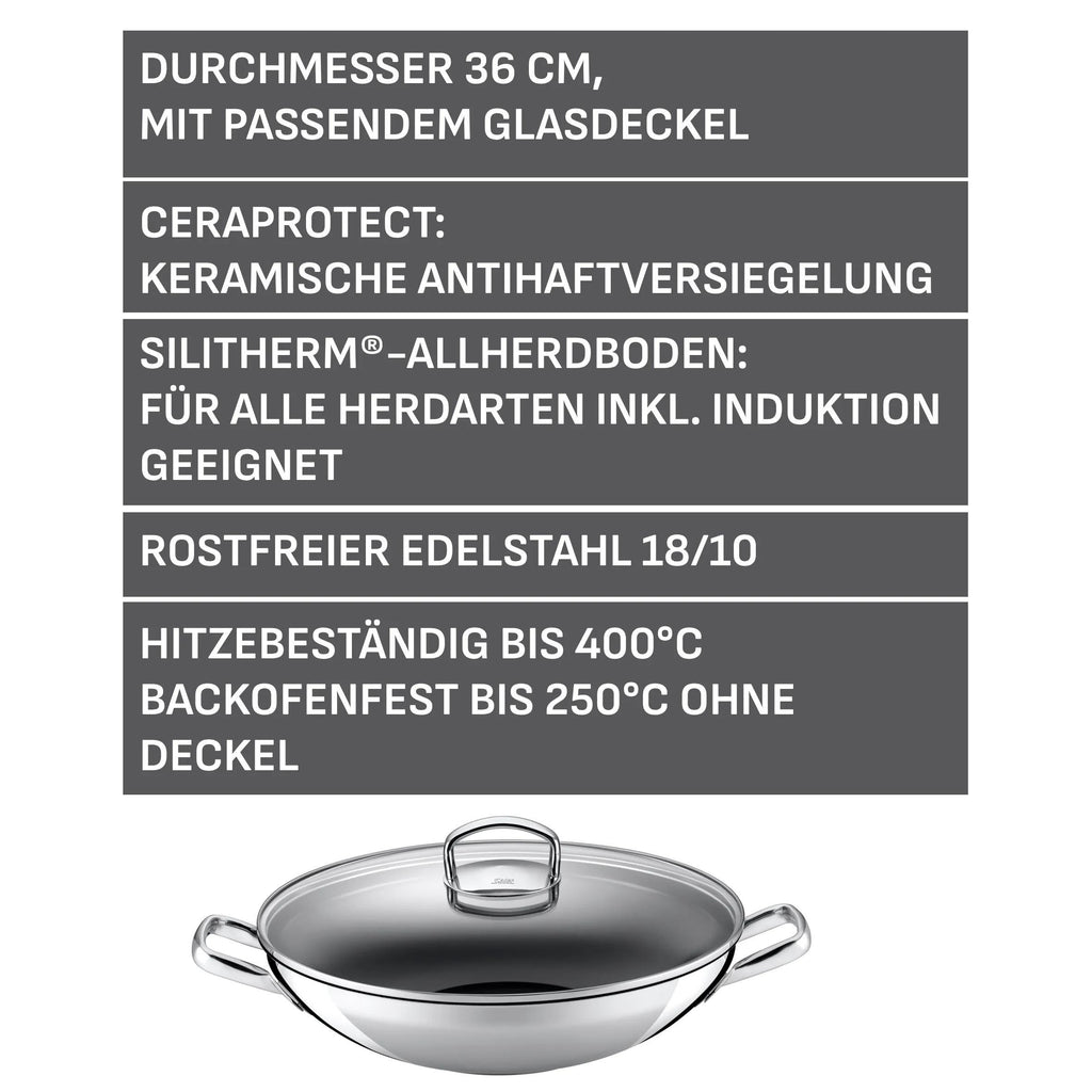 Hong Kong wok 36 cm non-stick keramikk rustfritt stål montert med glasslokk