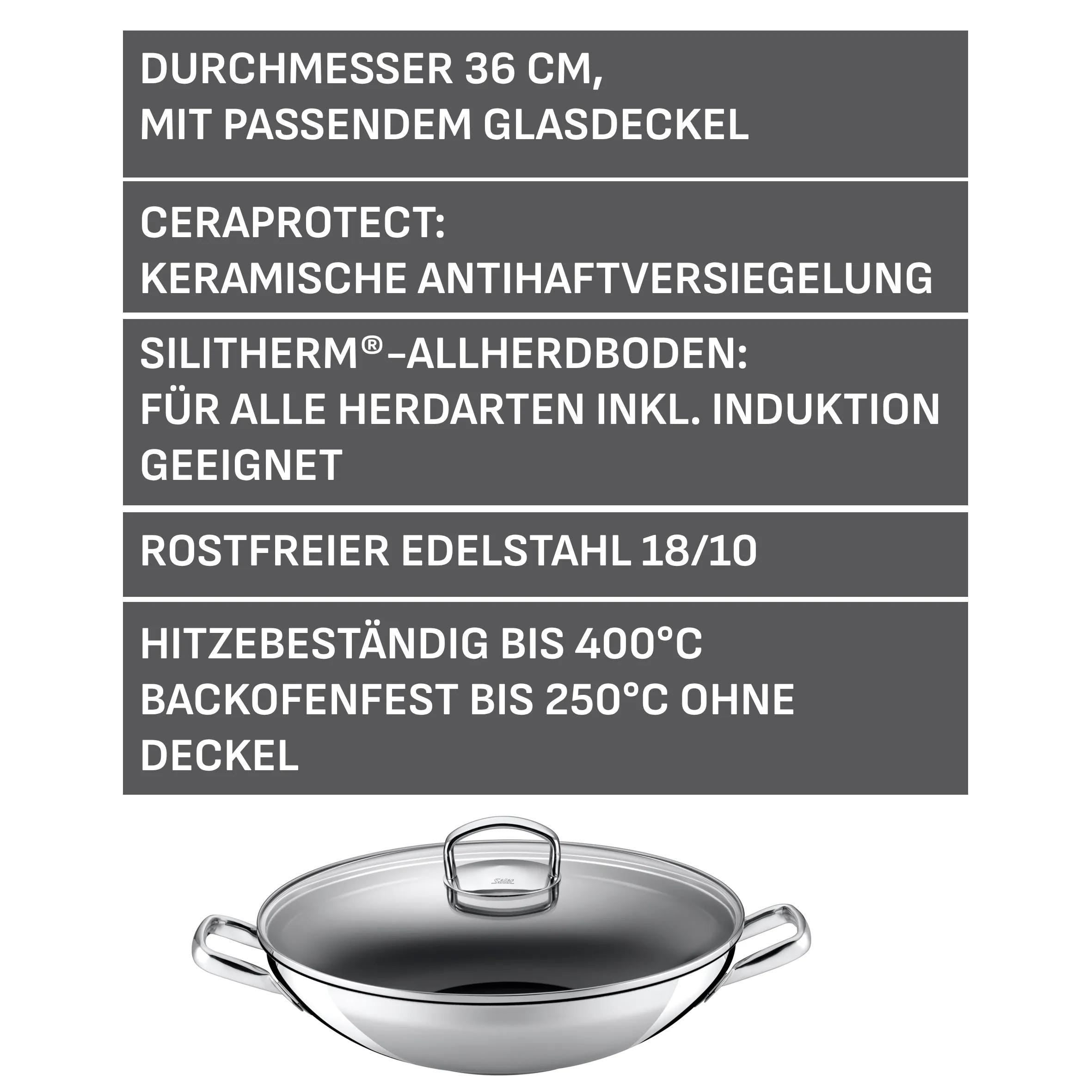 Hong Kong wok 36 cm non-stick keramikk rustfritt stål montert med glasslokk