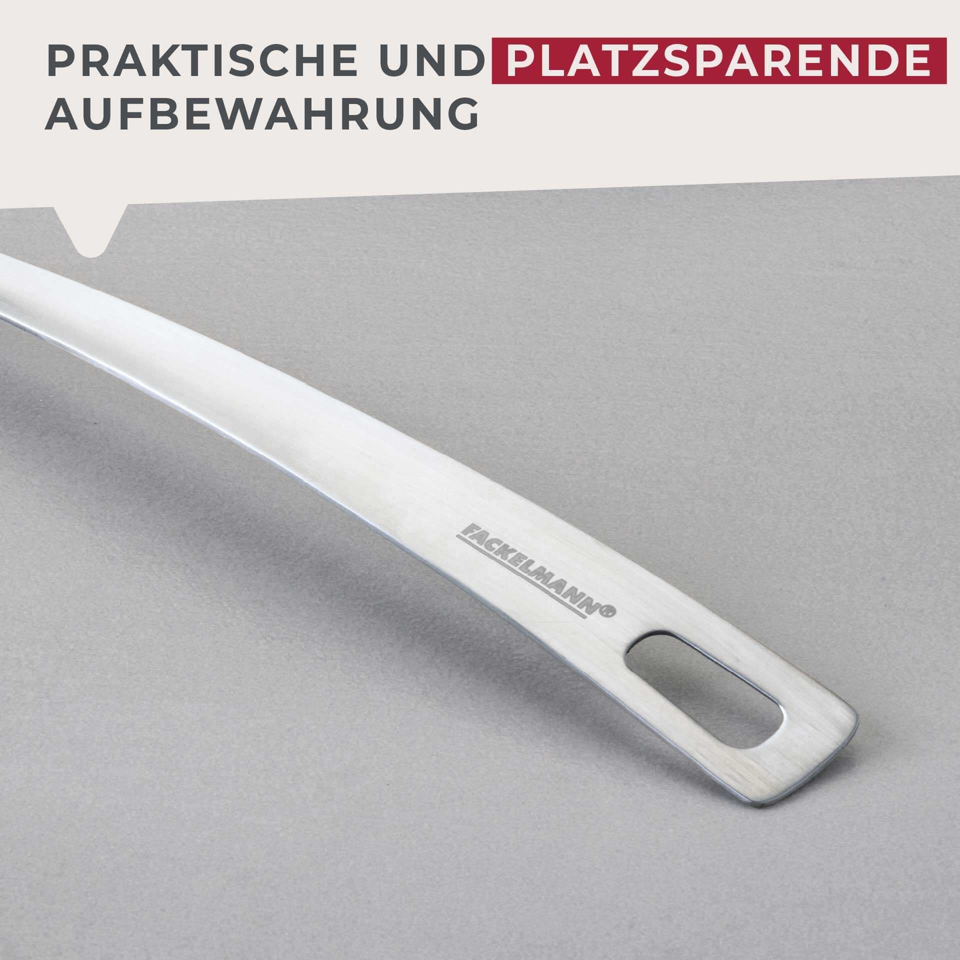 Nærbilde av hulskje rustfritt stål 33 cm med opphengskrok