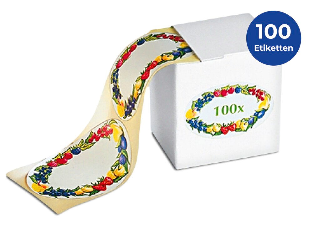 Husholdningsetiketter med fruktmotiv med dispenser bakside