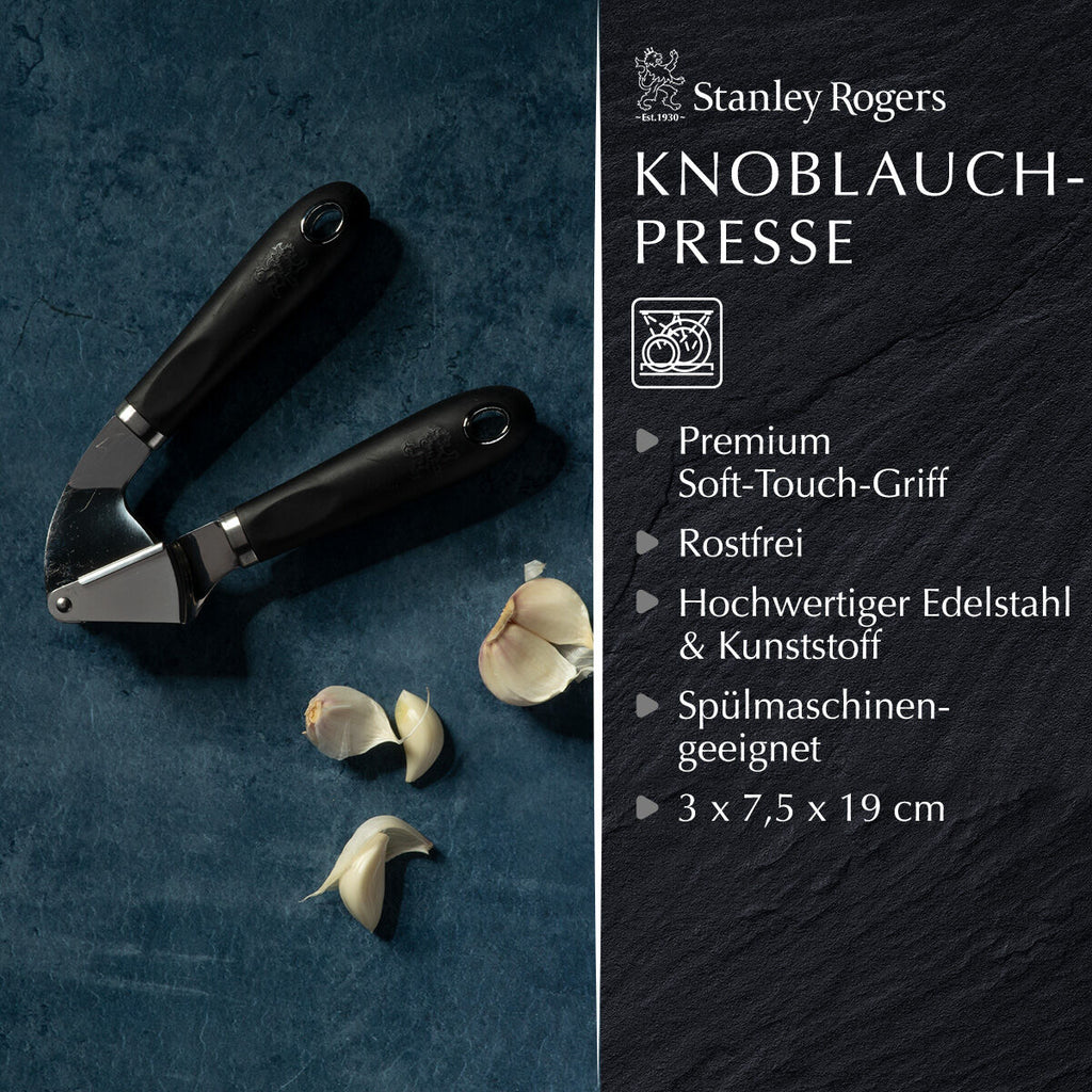 Hvitløkspresse 19 cm rustfritt stål soft-touch - Stanley Rogers i svart og sølv design