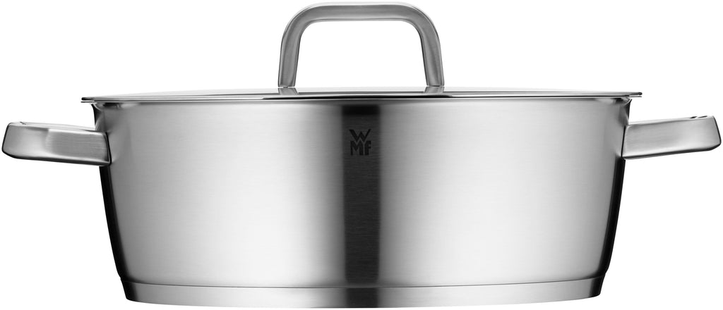 Iconic langpanne med dampinnsats og lokk 28 cm rustfritt stål sett ovenfra
