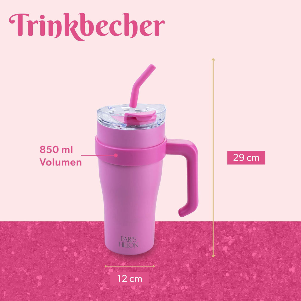 Isolert drikkebeger rosa 850 ml rustfritt stål Paris Hilton detalj silikon-trinkhalm