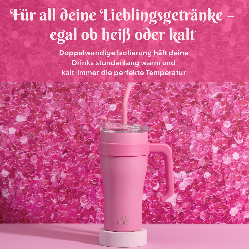 Isolert drikkebeger rosa 850 ml rustfritt stål Paris Hilton nærbilde lokk