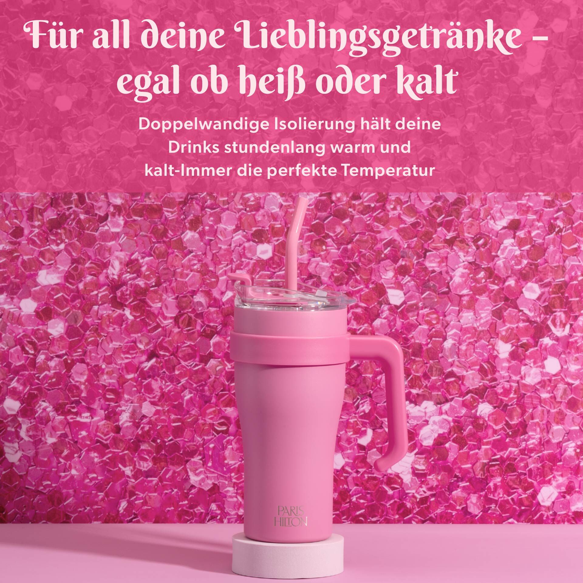 Isolert drikkebeger rosa 850 ml rustfritt stål Paris Hilton nærbilde lokk