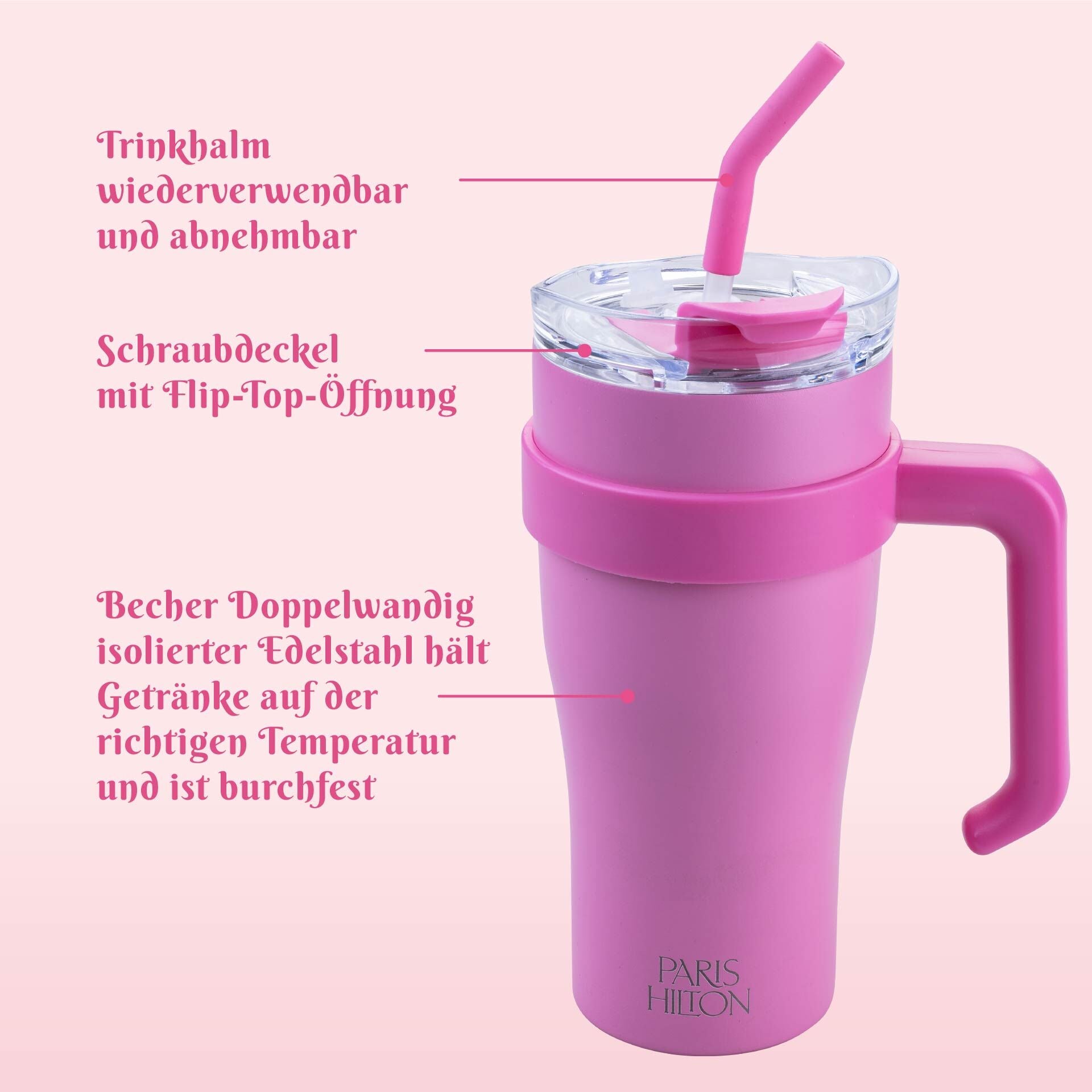 Isolert drikkebeger rosa 850 ml rustfritt stål Paris Hilton fra siden
