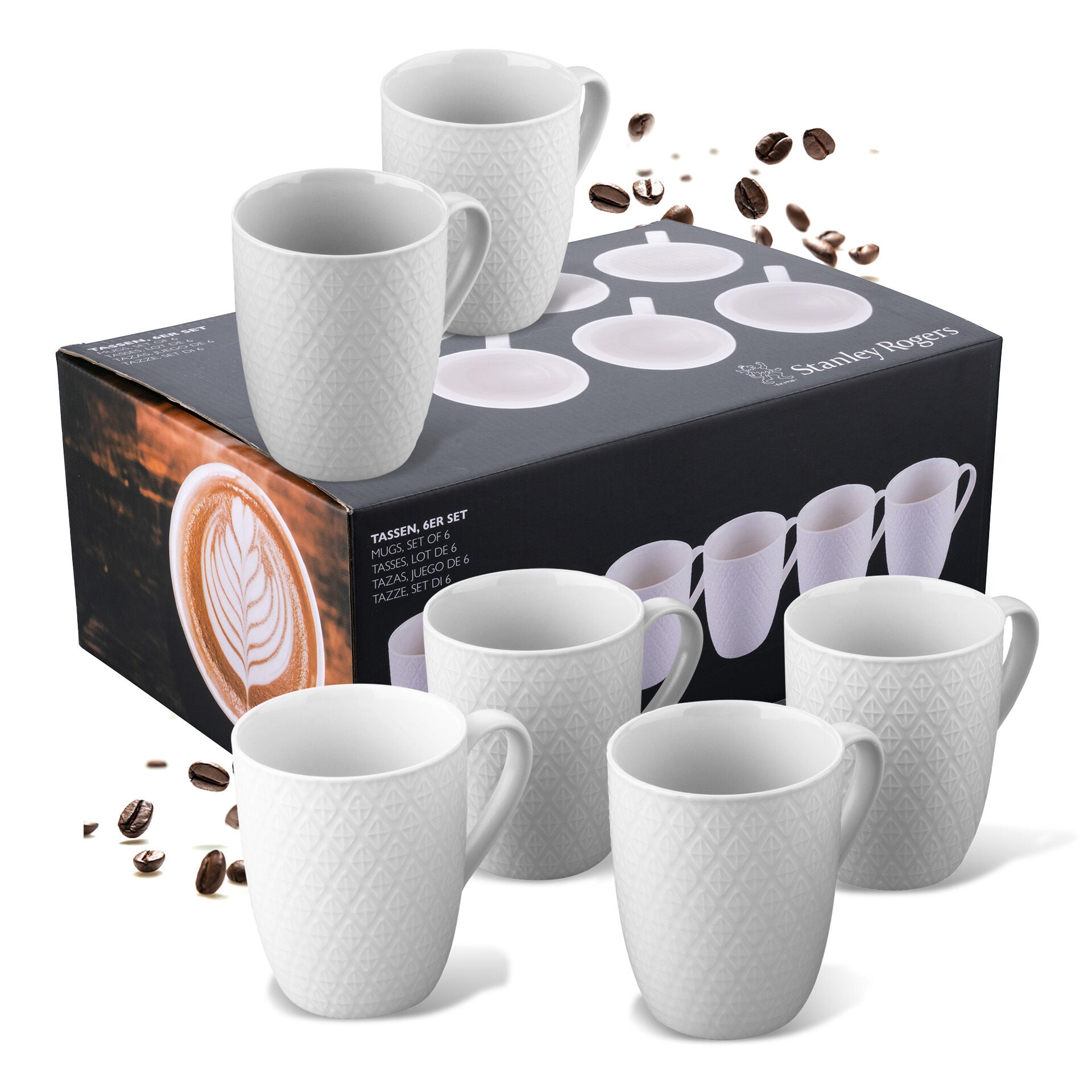 Kaffekopper hvit 340 ml 6-delt sett - Stanley Rogers nærbilde av rutemønster