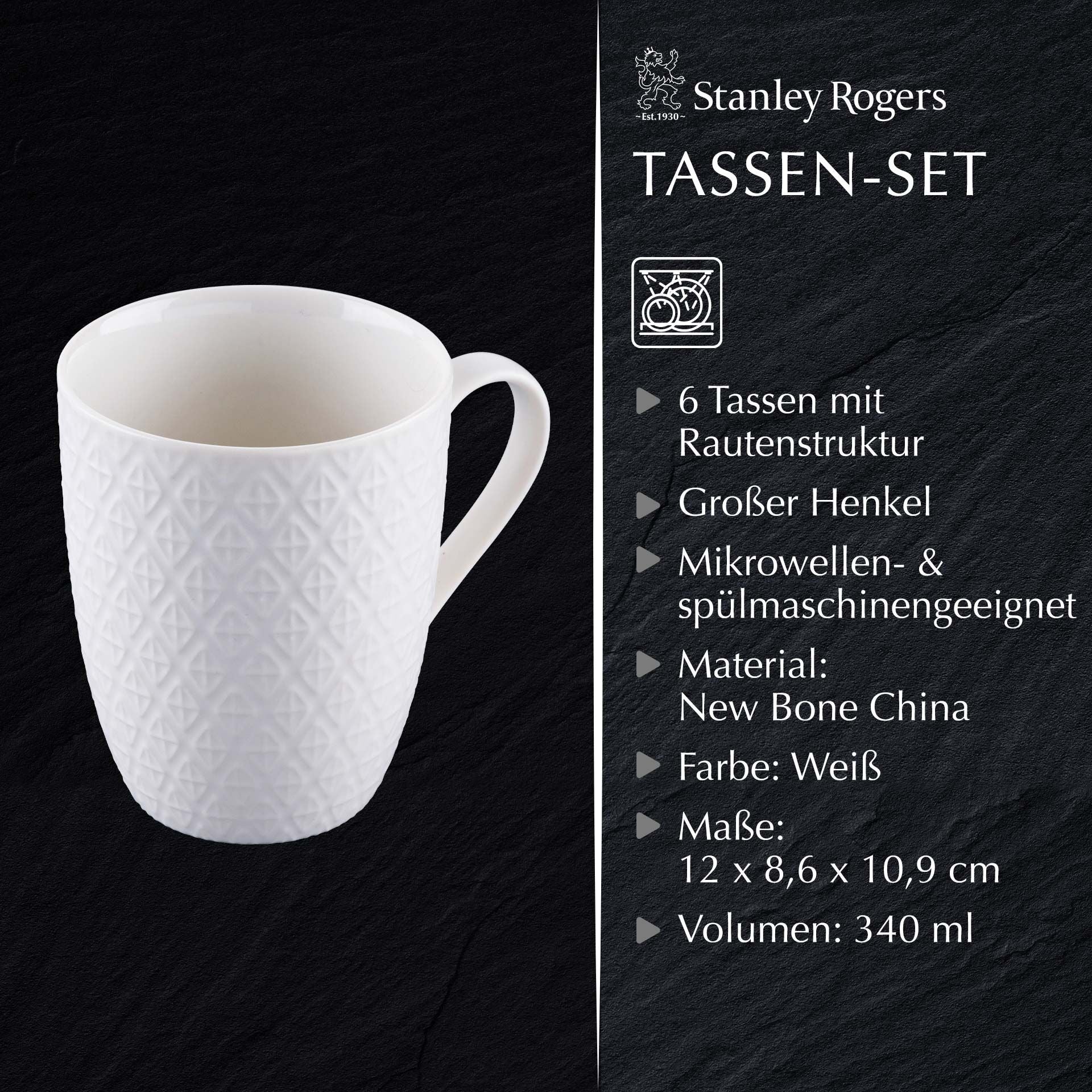 Kaffekopper hvit 340 ml 6-delt sett - Stanley Rogers med kaffe