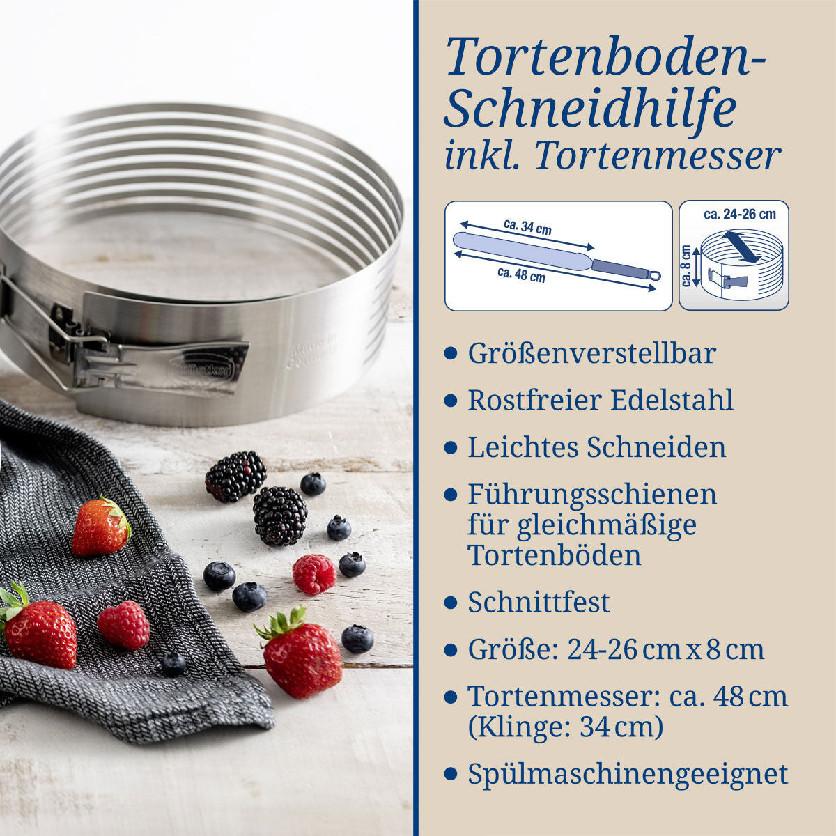 Nærbilde av kakekniv i kakebunnskjærer rustfritt stål Dr. Oetker