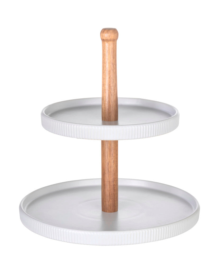 Kakefat etagere keramikk og akasietre hvit/natur Ø24x25 cm REFIA forfra