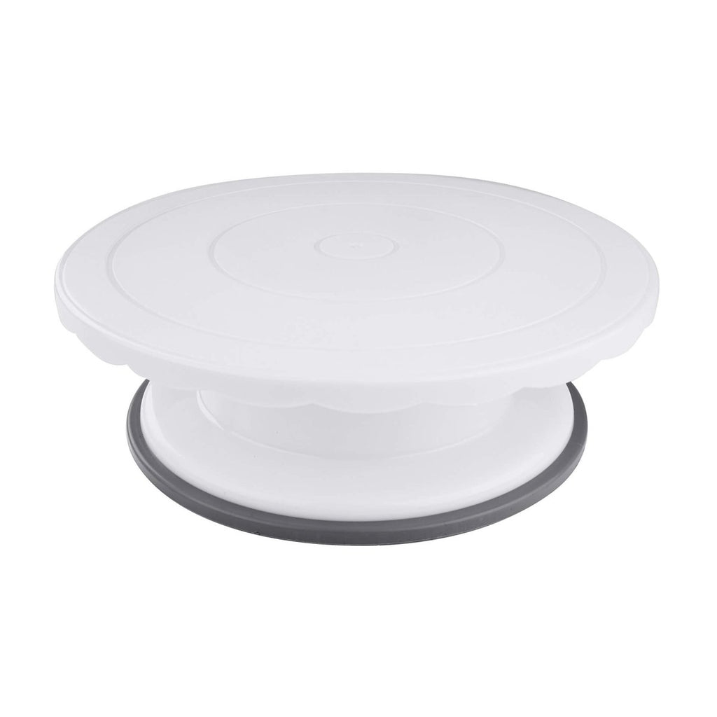 Kakefat roterende plast Ø27 cm med sklisikker bunn - Dr. Oetker sett forfra i grått og hvitt