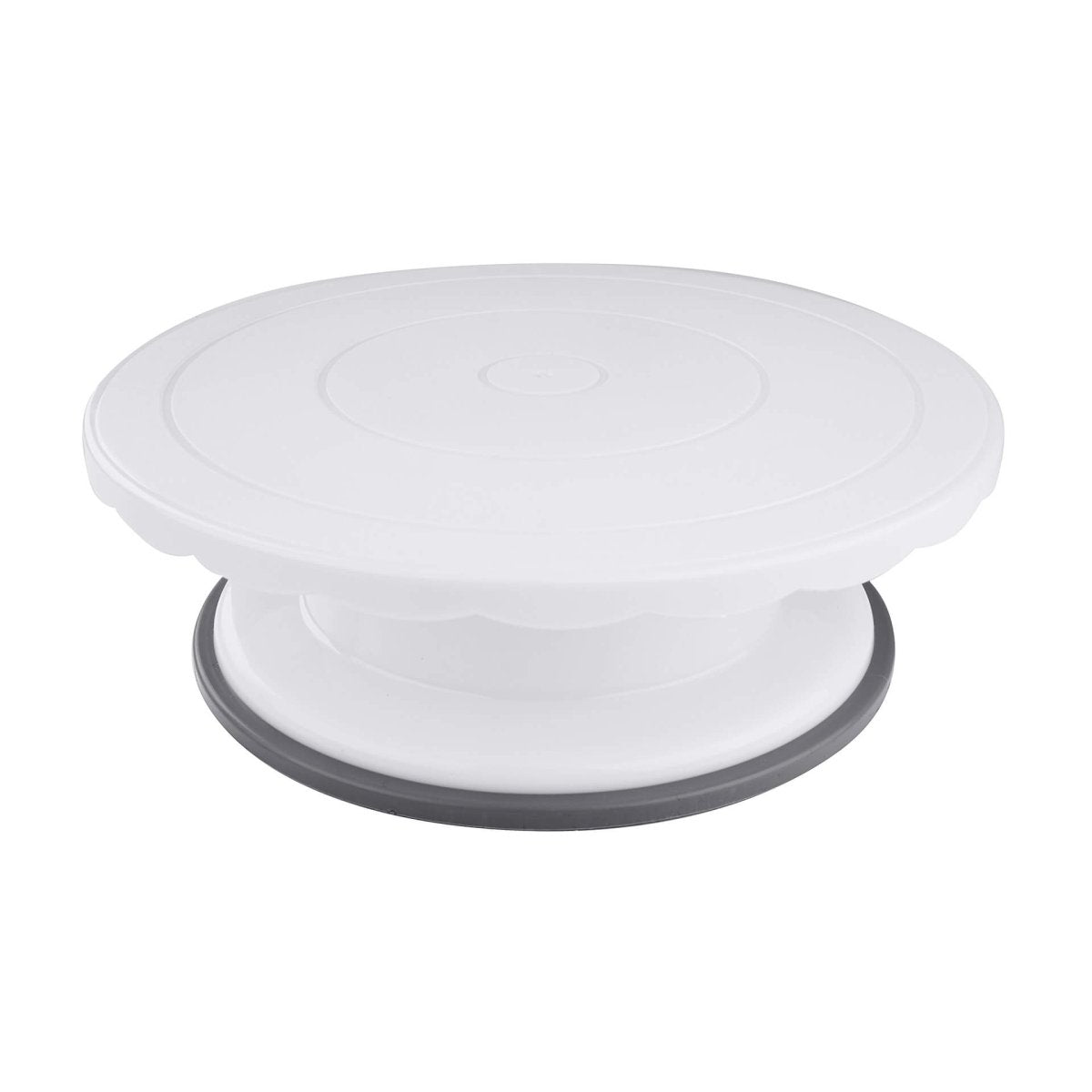 Kakefat roterende plast Ø27 cm med sklisikker bunn - Dr. Oetker sett forfra i grått og hvitt