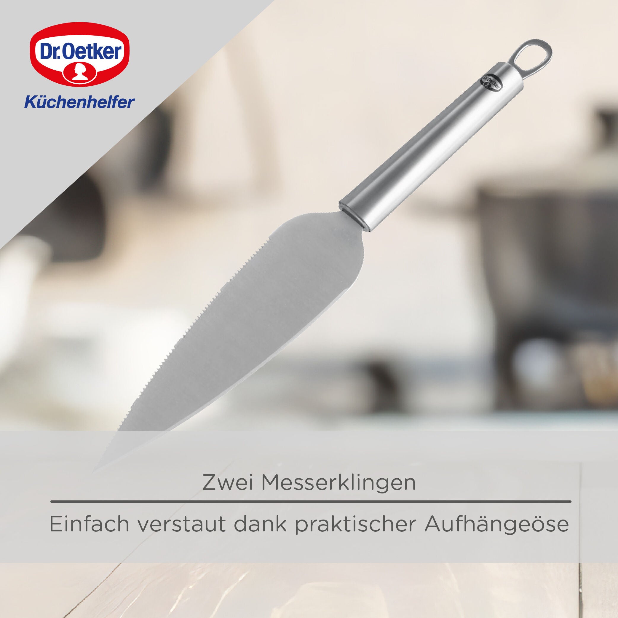Nærbilde av tagger på Kakekniv 31 cm rustfritt stål med tagger Dr. Oetker