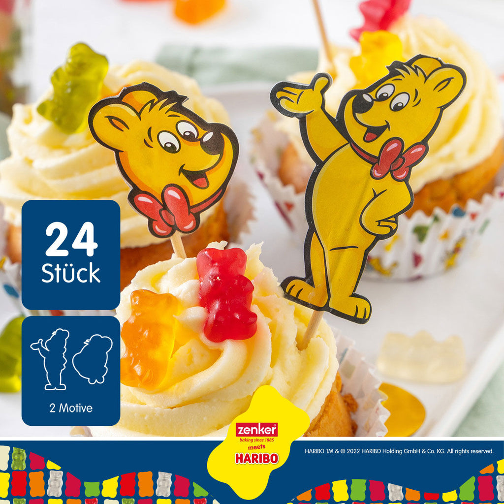 Kakepynt partypicks HARIBO Gullbjørn 24 stk FSC-tre montert i cupcake