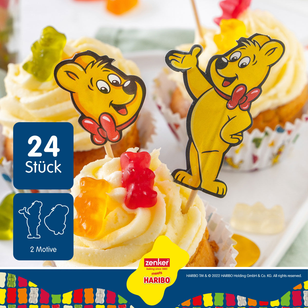 Kakepynt partypicks HARIBO Gullbjørn 24 stk FSC-tre montert i cupcake