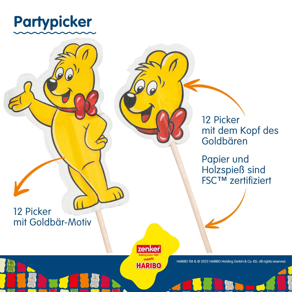 Kakepynt partypicks HARIBO Gullbjørn 24 stk FSC-tre nærbilde