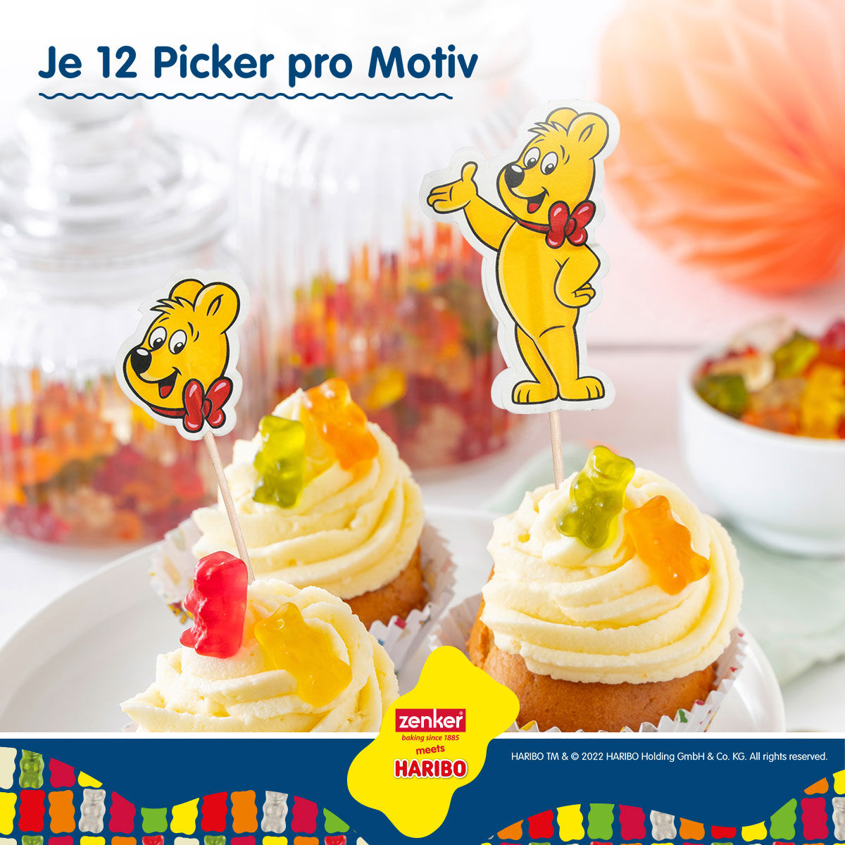 Kakepynt partypicks HARIBO Gullbjørn 24 stk FSC-tre på muffins
