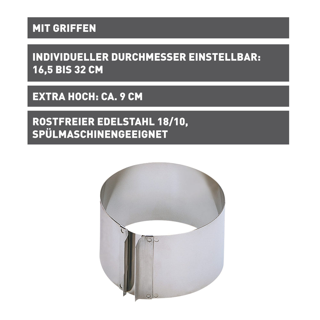 Kakering justerbar 16,5-32 cm rustfritt stål 9 cm høy bakside