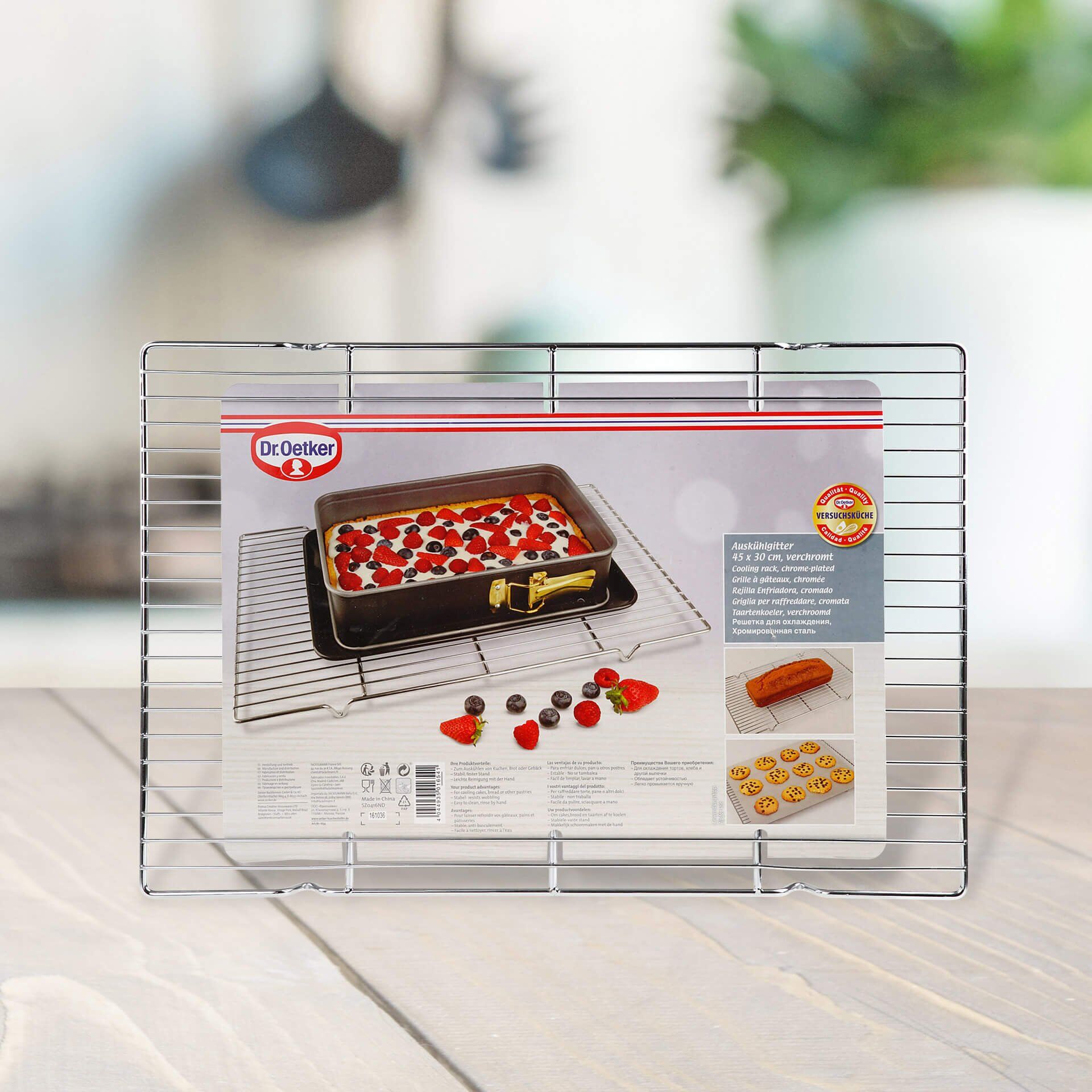 Kakerist rektangulært 45x30 cm forkrommet metall Dr. Oetker detalj