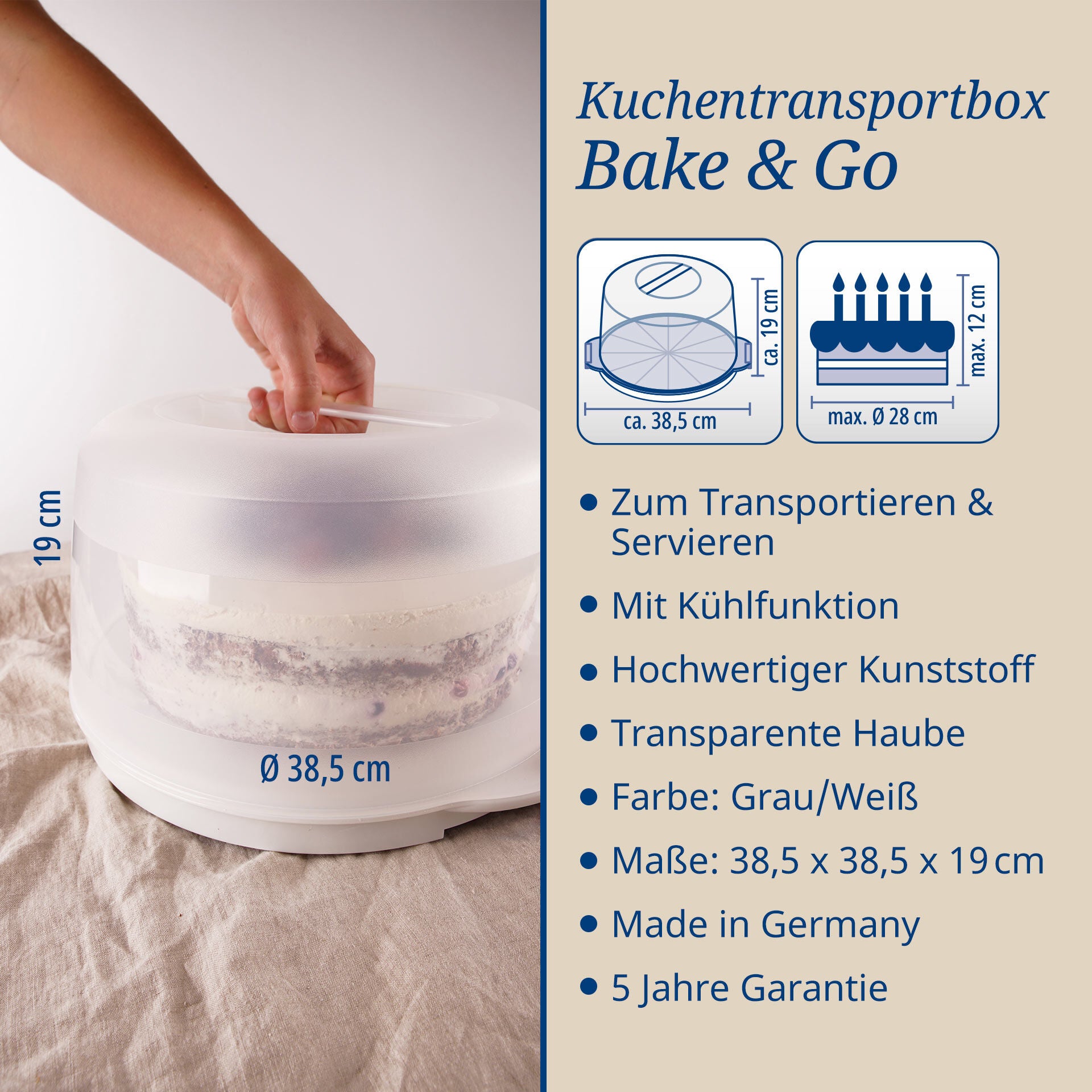 Montert Kaketransportboks Bake & Go Ø38,5 cm med kjølefelt med kake