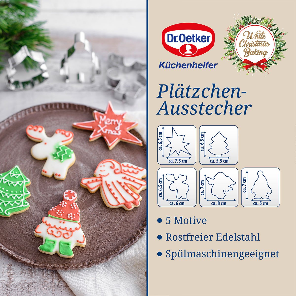 Detalj av Kakeutstikkere jul rustfritt stål 5-delt - Dr. Oetker