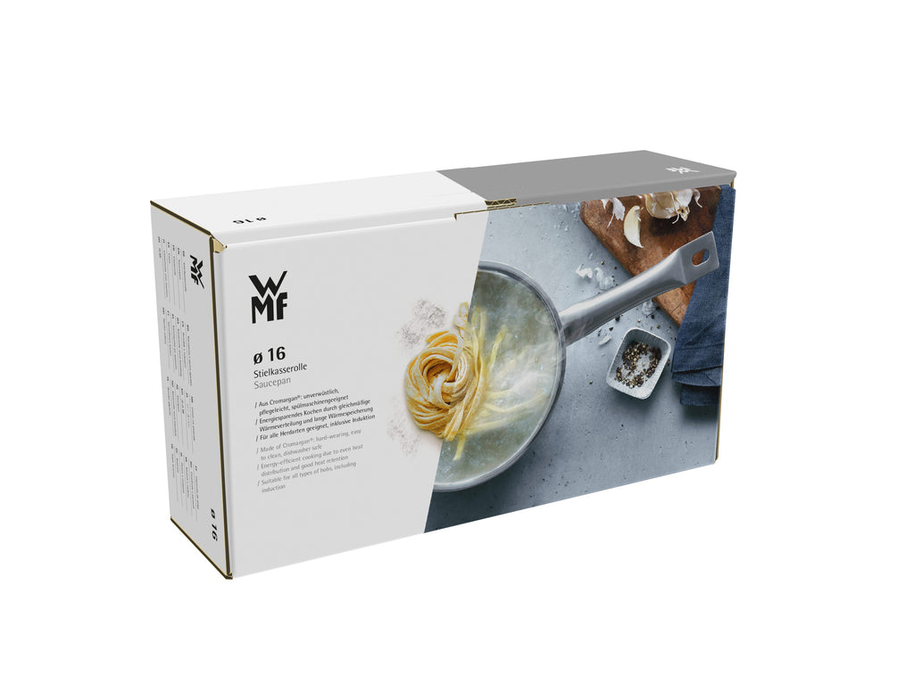 Detalj av rustfritt stål overflate på Kasserolle 16 cm 1,5 L rustfritt stål med helletut - WMF