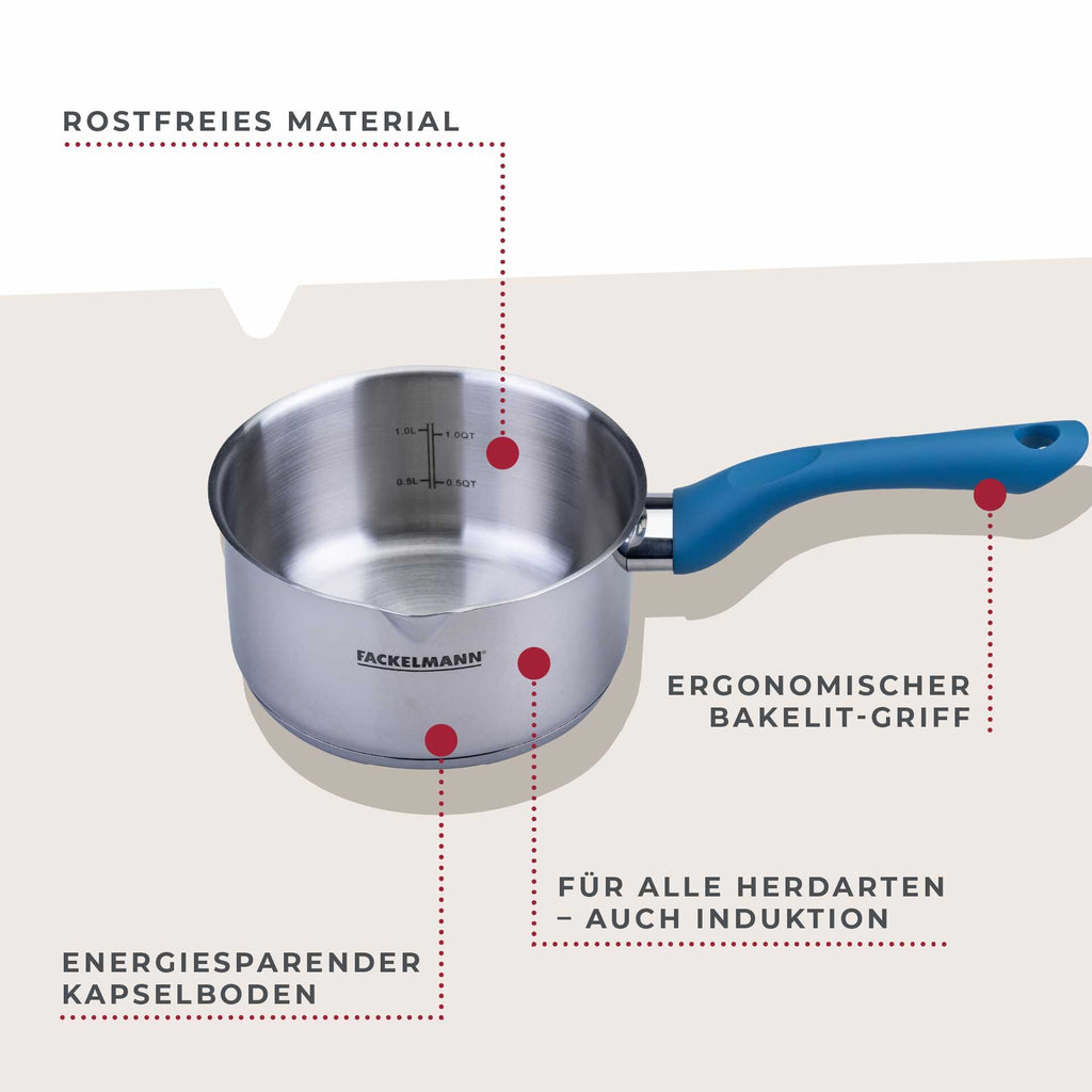 Kasserolle Essential Ø16 cm 1,5 L rustfritt stål blå detalj av håndtak