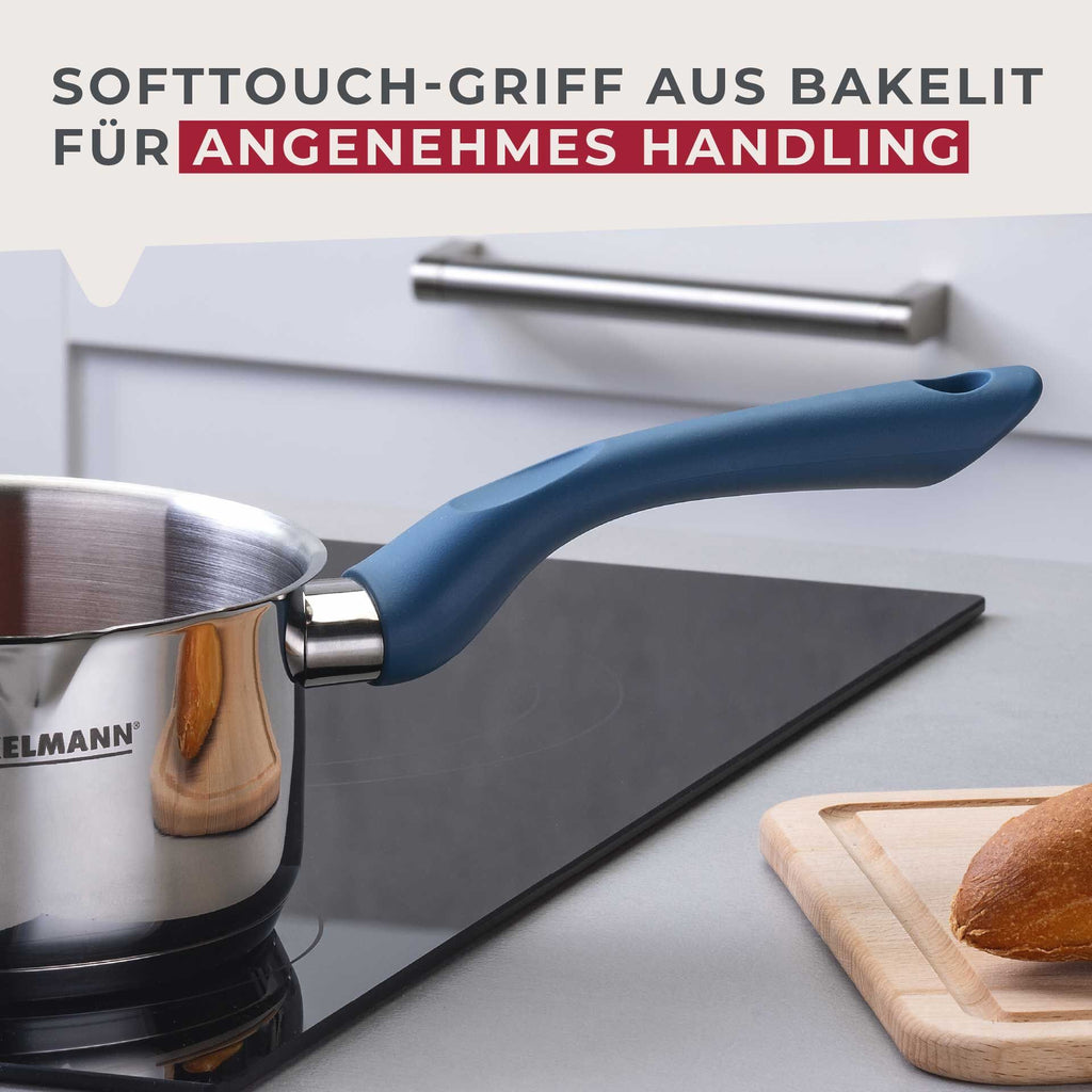 Kasserolle Essential Ø16 cm 1,5 L rustfritt stål blå håndtak detalj