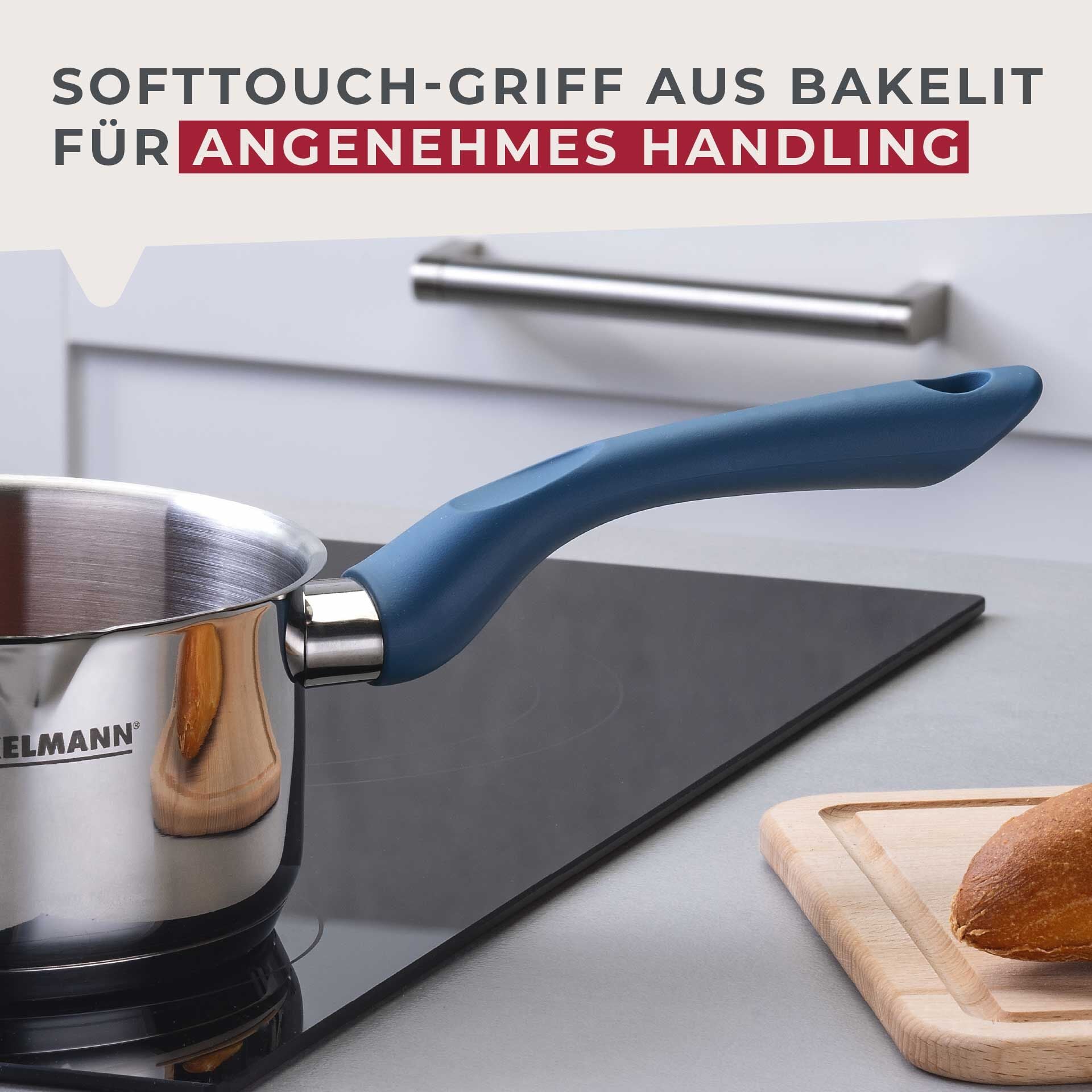 Kasserolle Essential Ø16 cm 1,5 L rustfritt stål blå håndtak detalj