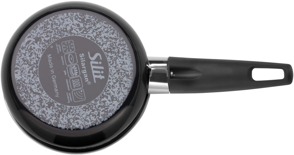 Nærbilde av håndtak på Kasserolle Modesto Silargan® 16 cm 1,3 L med glasslokk svart