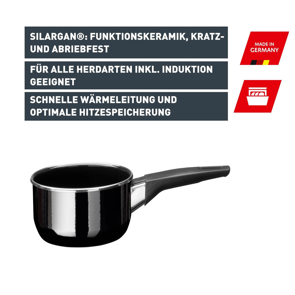 Kasserolle Modesto Silargan® 16 cm 1,3 L med glasslokk svart montert på komfyr
