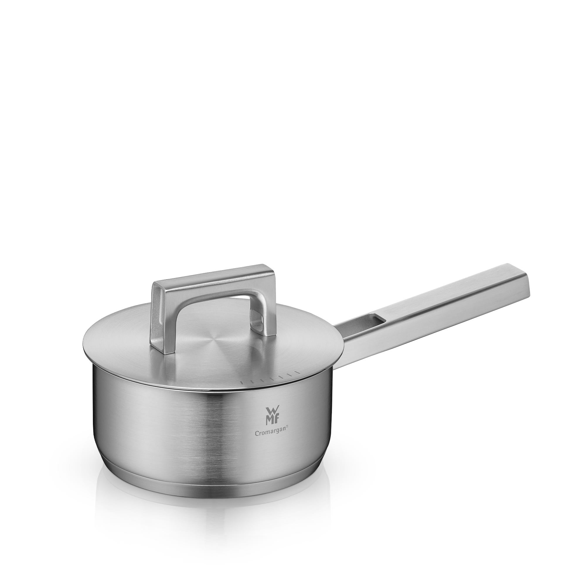 Kasserolle rustfritt stål 16 cm 1,4 L med lokk WMF forfra